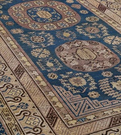 Antique Khotan Rug, Hand-Knotted Wool, Deep Blue, East Turkestan, 1880