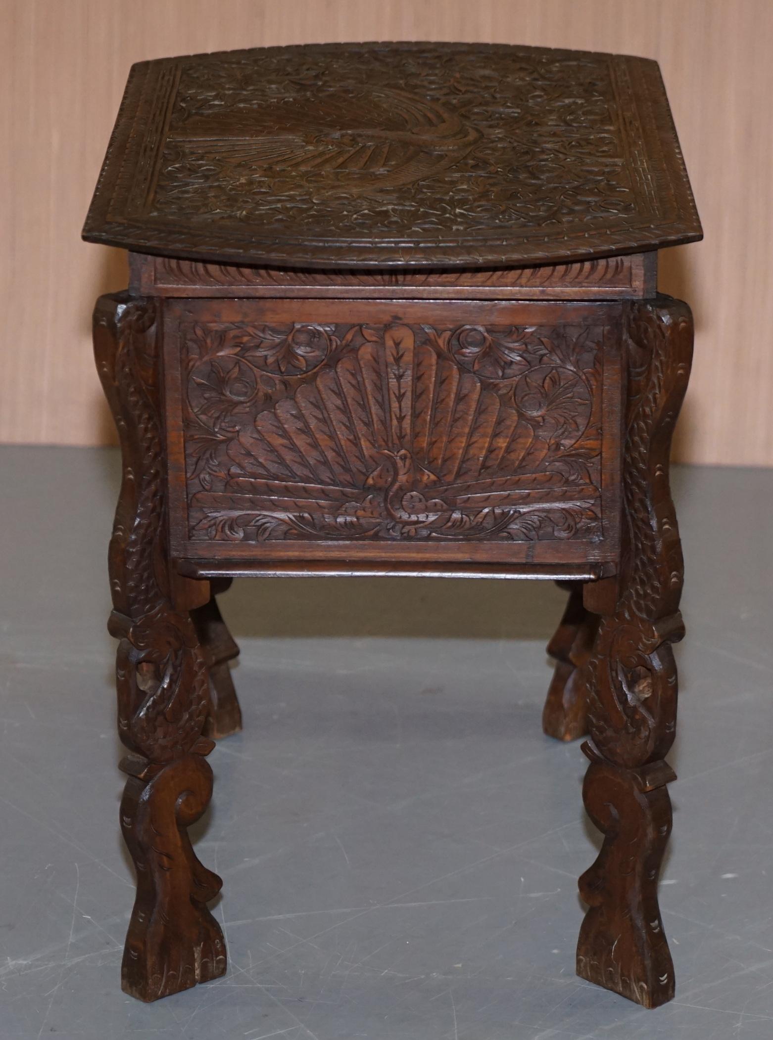 Burmese Hand Carved Peacock Sewing Table Cupboard Chest Open Top, circa 1880 For Sale 1
