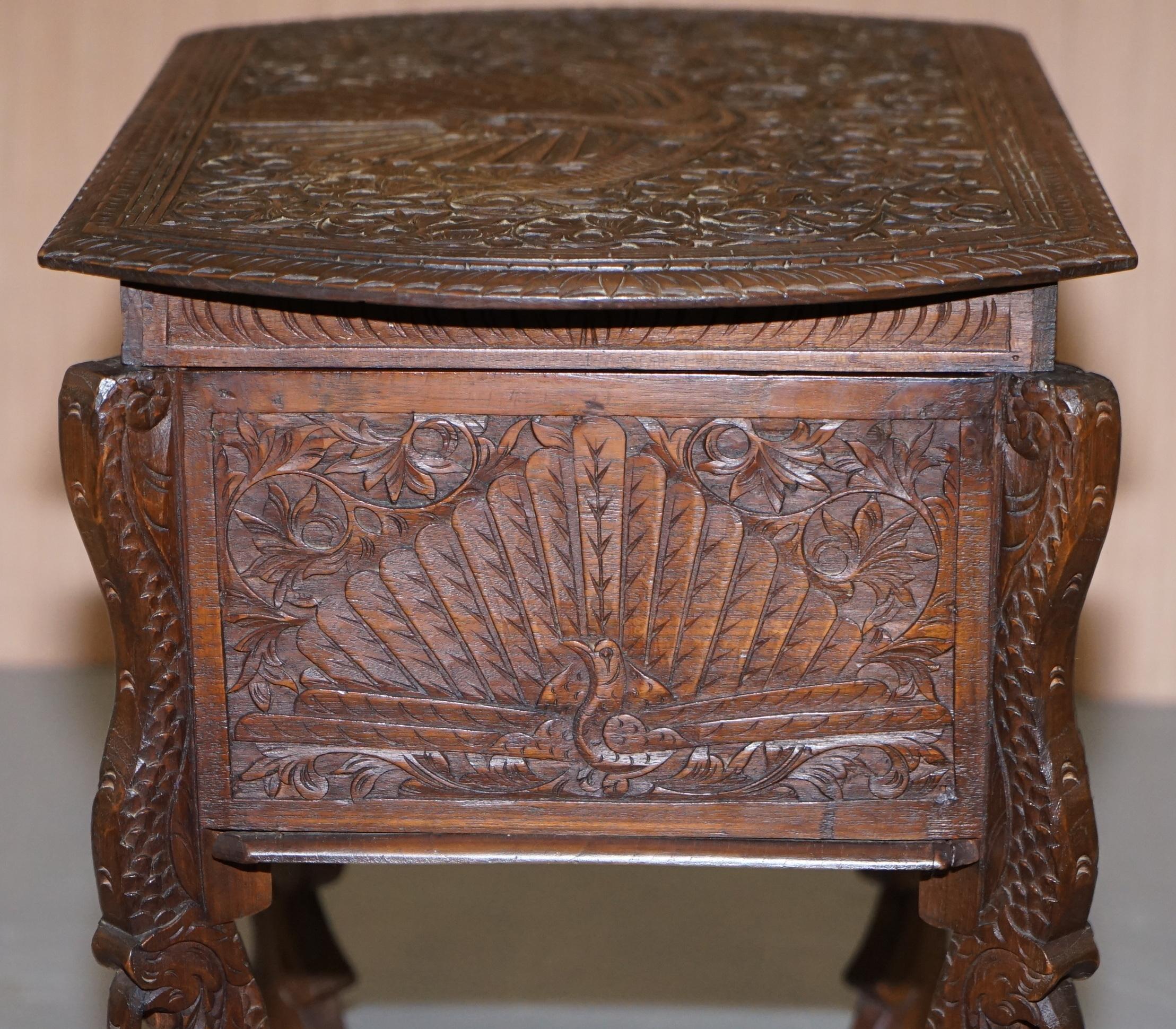 Burmese Hand Carved Peacock Sewing Table Cupboard Chest Open Top, circa 1880 For Sale 2