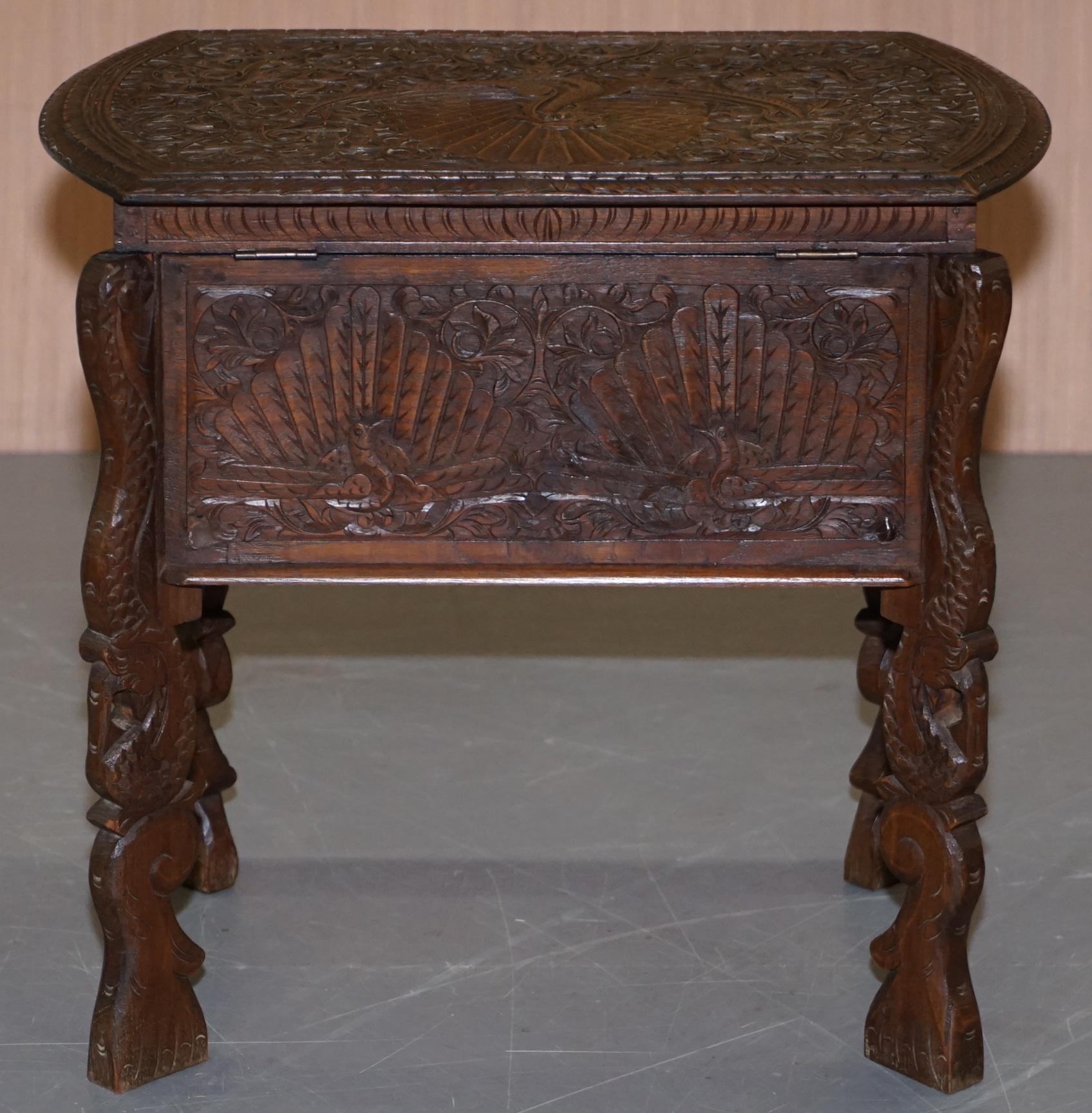 Burmese Hand Carved Peacock Sewing Table Cupboard Chest Open Top, circa 1880 For Sale 3