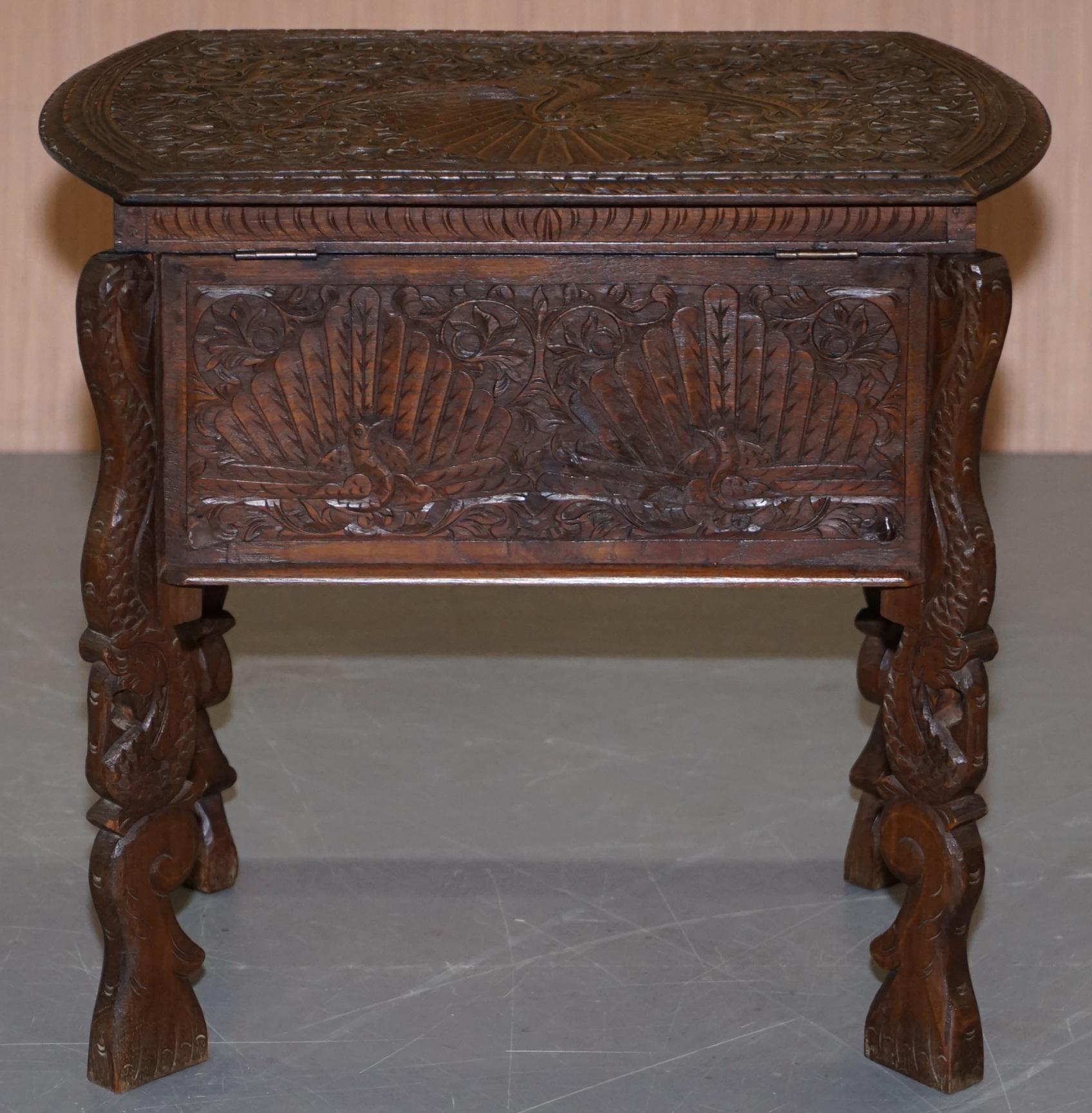 Table de couture birmane sculptée à la main avec un paon:: armoire:: coffre:: dessus ouvert:: vers 1880 en vente 4