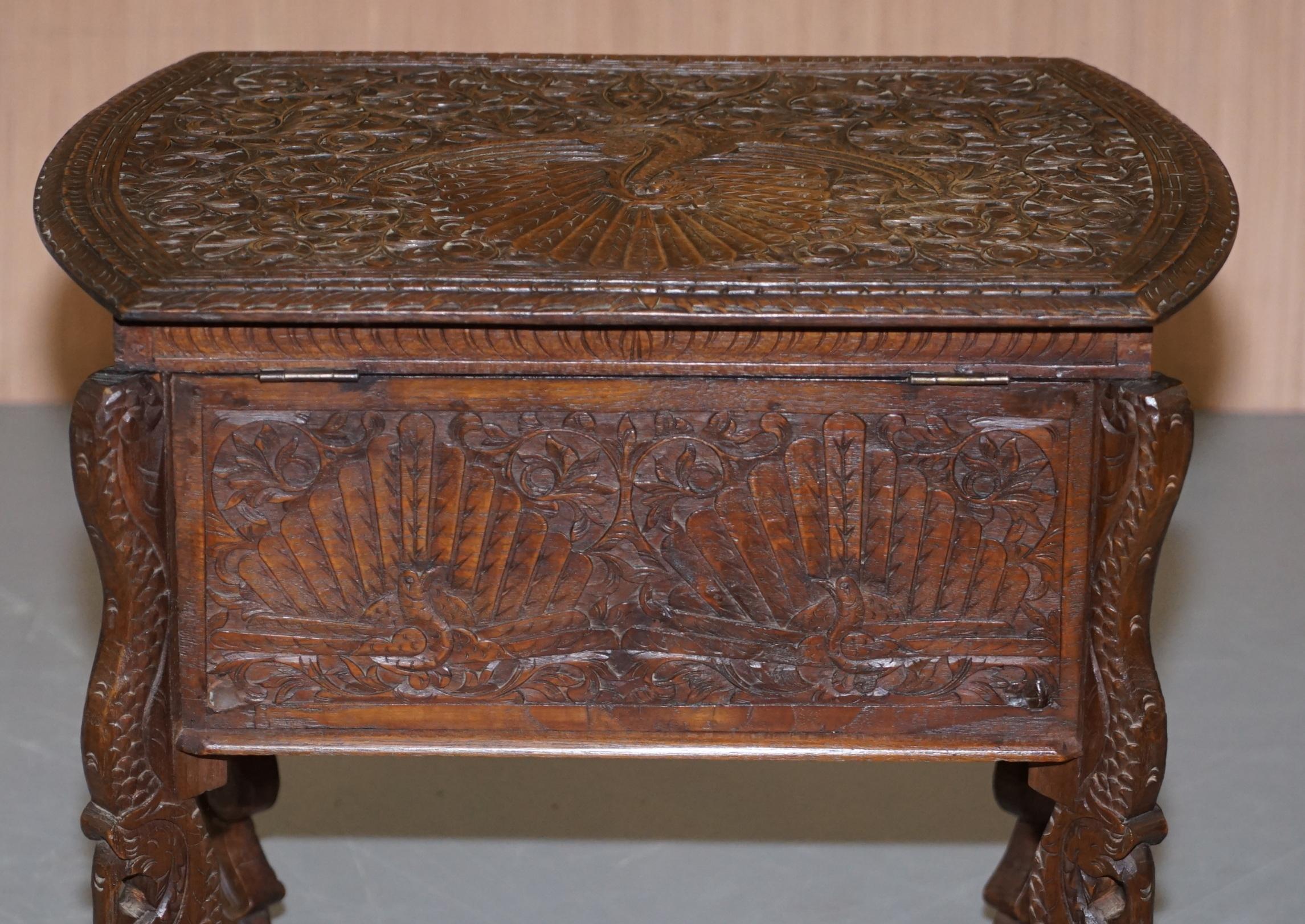 Burmese Hand Carved Peacock Sewing Table Cupboard Chest Open Top, circa 1880 For Sale 4