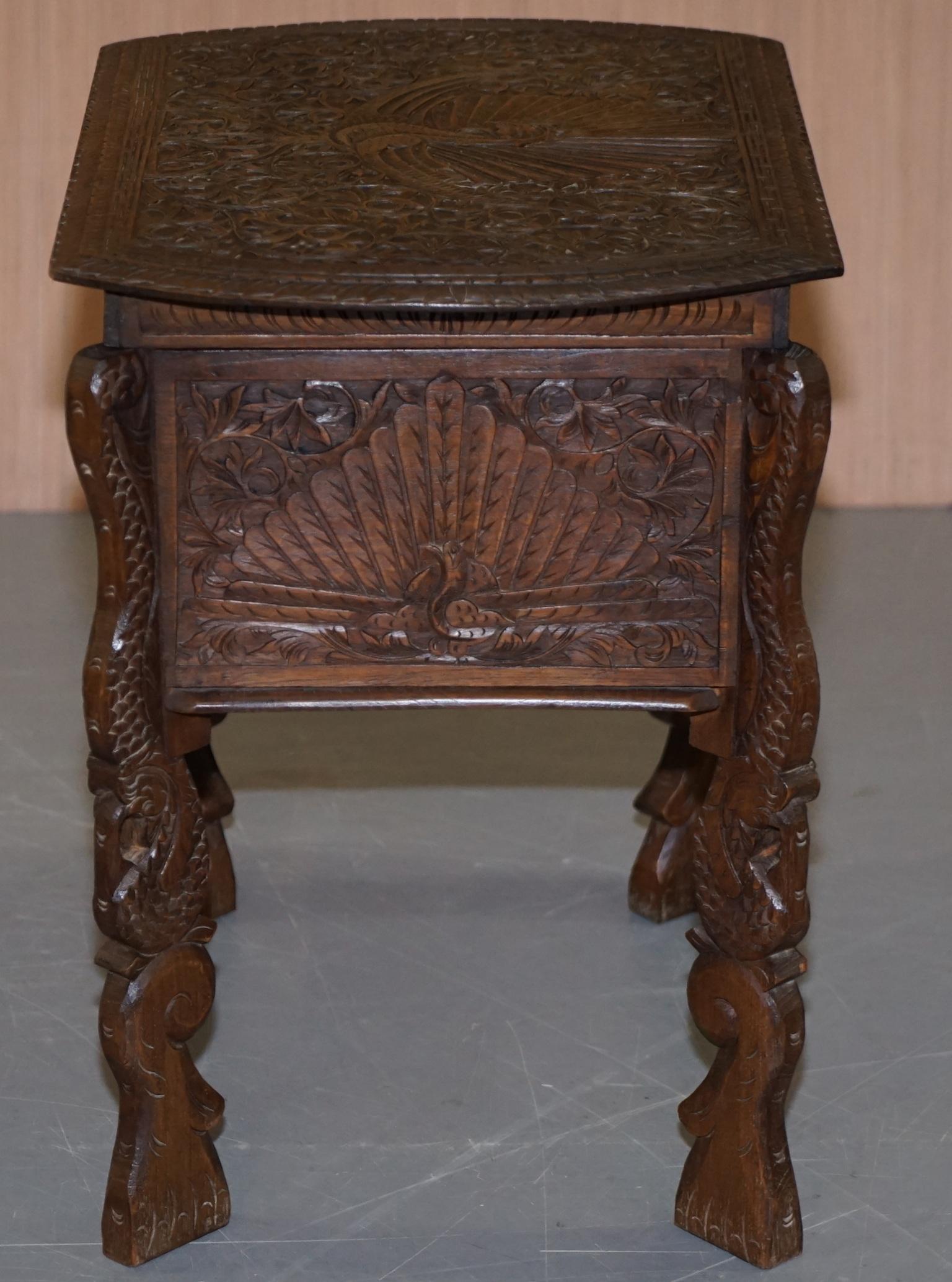 Burmese Hand Carved Peacock Sewing Table Cupboard Chest Open Top, circa 1880 For Sale 5