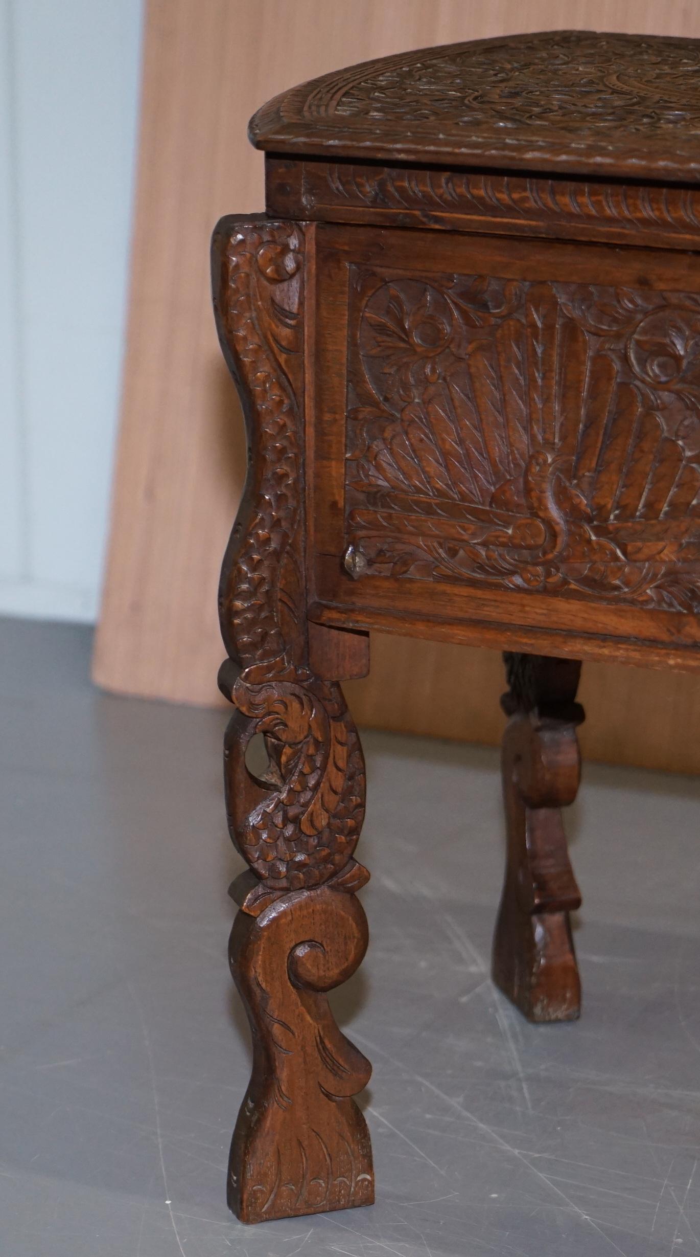 Late 19th Century Burmese Hand Carved Peacock Sewing Table Cupboard Chest Open Top, circa 1880 For Sale