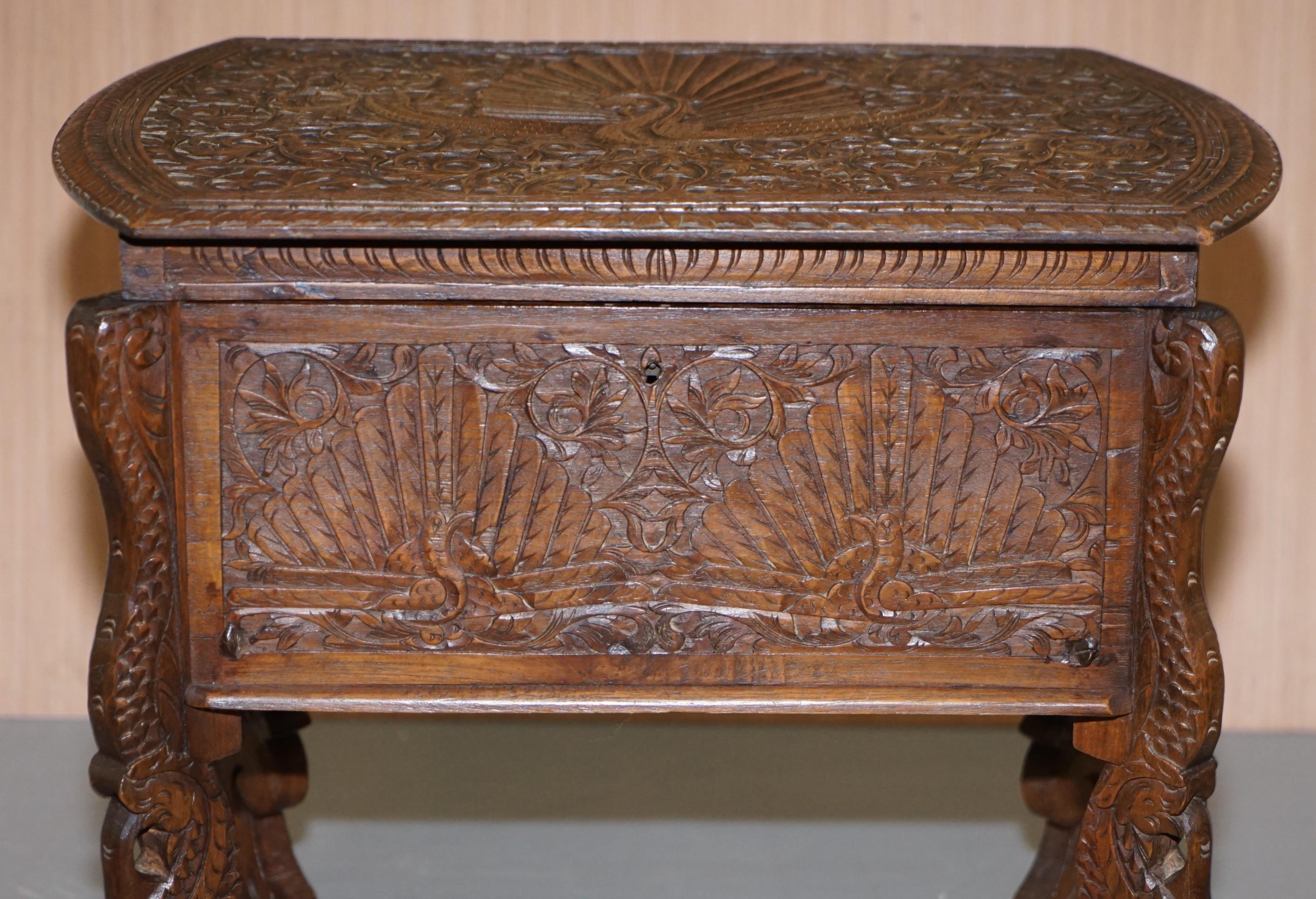 Wood Burmese Hand Carved Peacock Sewing Table Cupboard Chest Open Top, circa 1880 For Sale