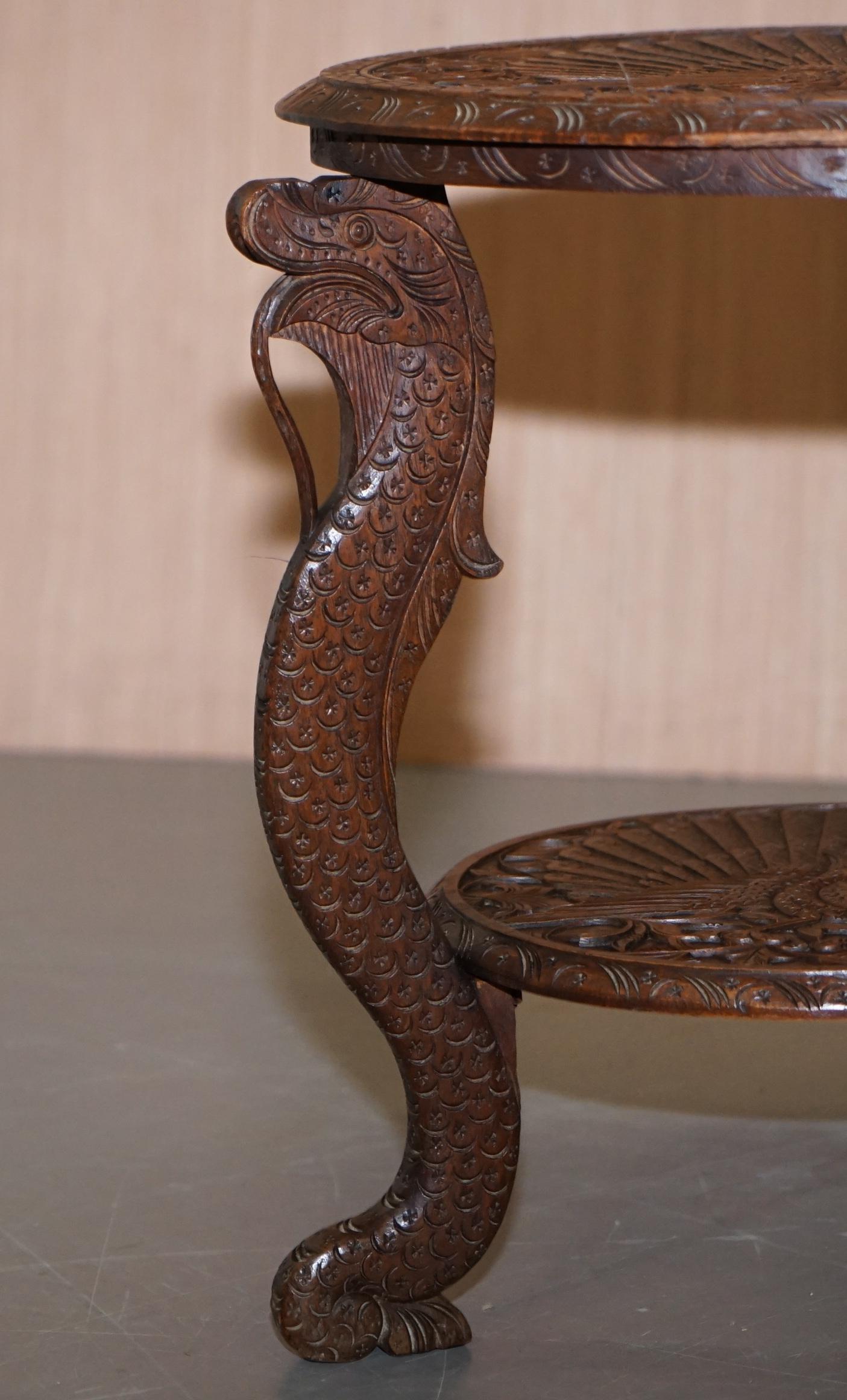 Late 19th Century Burmese Hand Carved Peacock Side End Lamp Wine Occasional Wood Table circa 1880