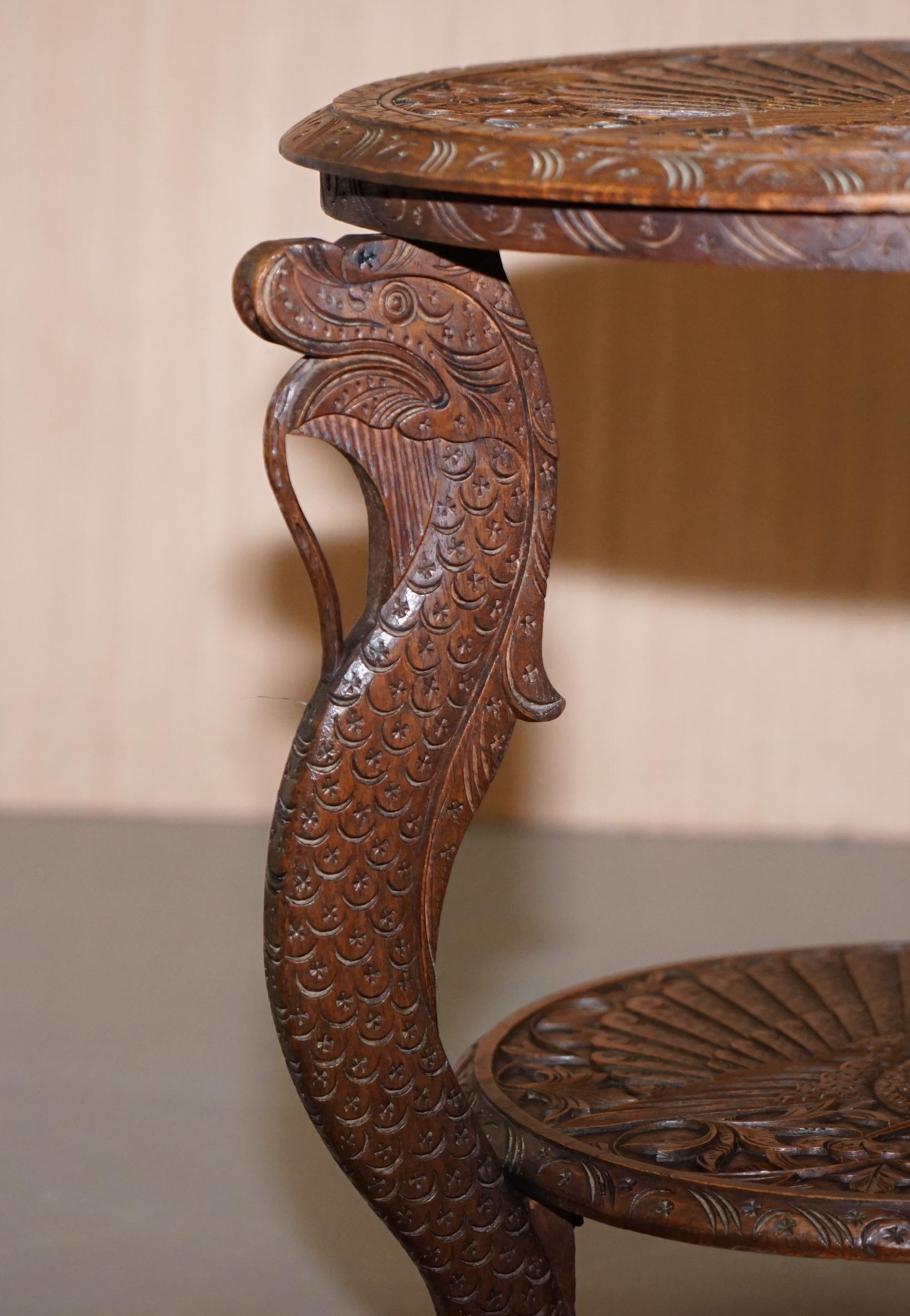 Burmese Hand Carved Peacock Side End Lamp Wine Occasional Wood Table circa 1880 1