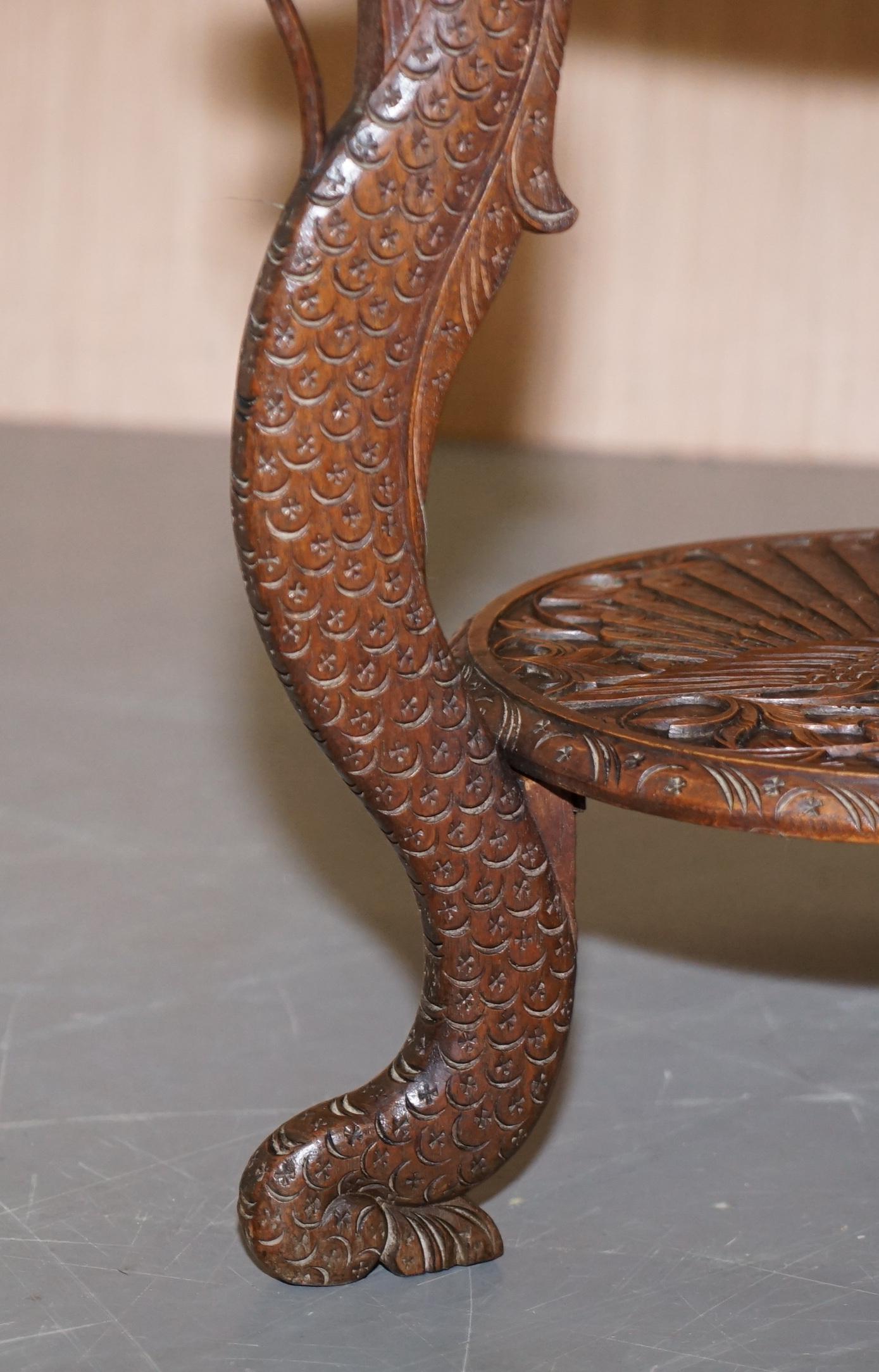 Burmese Hand Carved Peacock Side End Lamp Wine Occasional Wood Table circa 1880 2