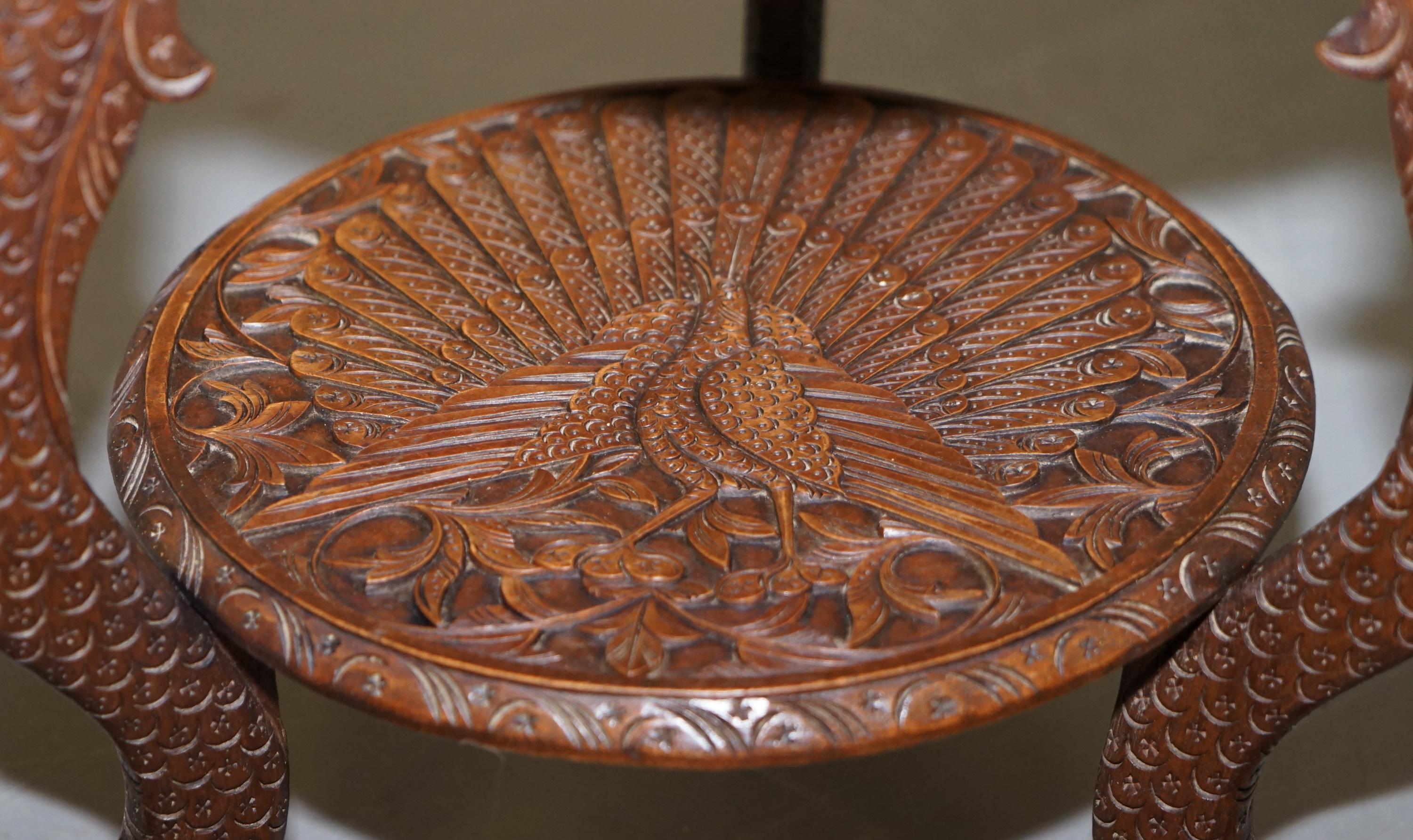 Burmese Hand Carved Peacock Side End Lamp Wine Occasional Wood Table circa 1880 3