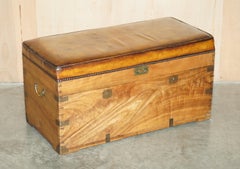 CiRCA 1880 CAMPHOR WOOD & BROWN LEATHER MILITARY CAMPAIGN STORAGE TRUNK BENCH