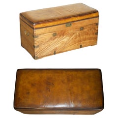 CiRCA 1880 CAMPHOR WOOD & BROWN LEATHER MILITARY CAMPAIGN STORAGE TRUNK BENCH