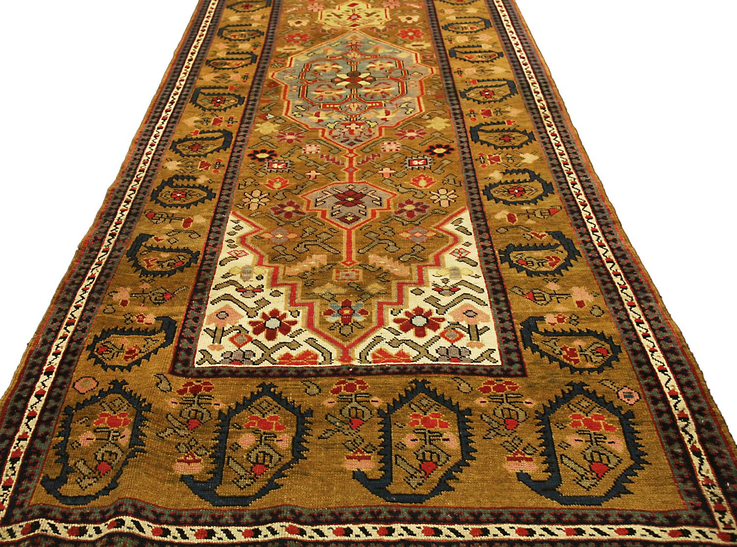 Circa 1880 Caucasian Wool Brown Karabakh 'Qarabag' Shusha Runner Carpet In Good Condition For Sale In Ferrara, IT