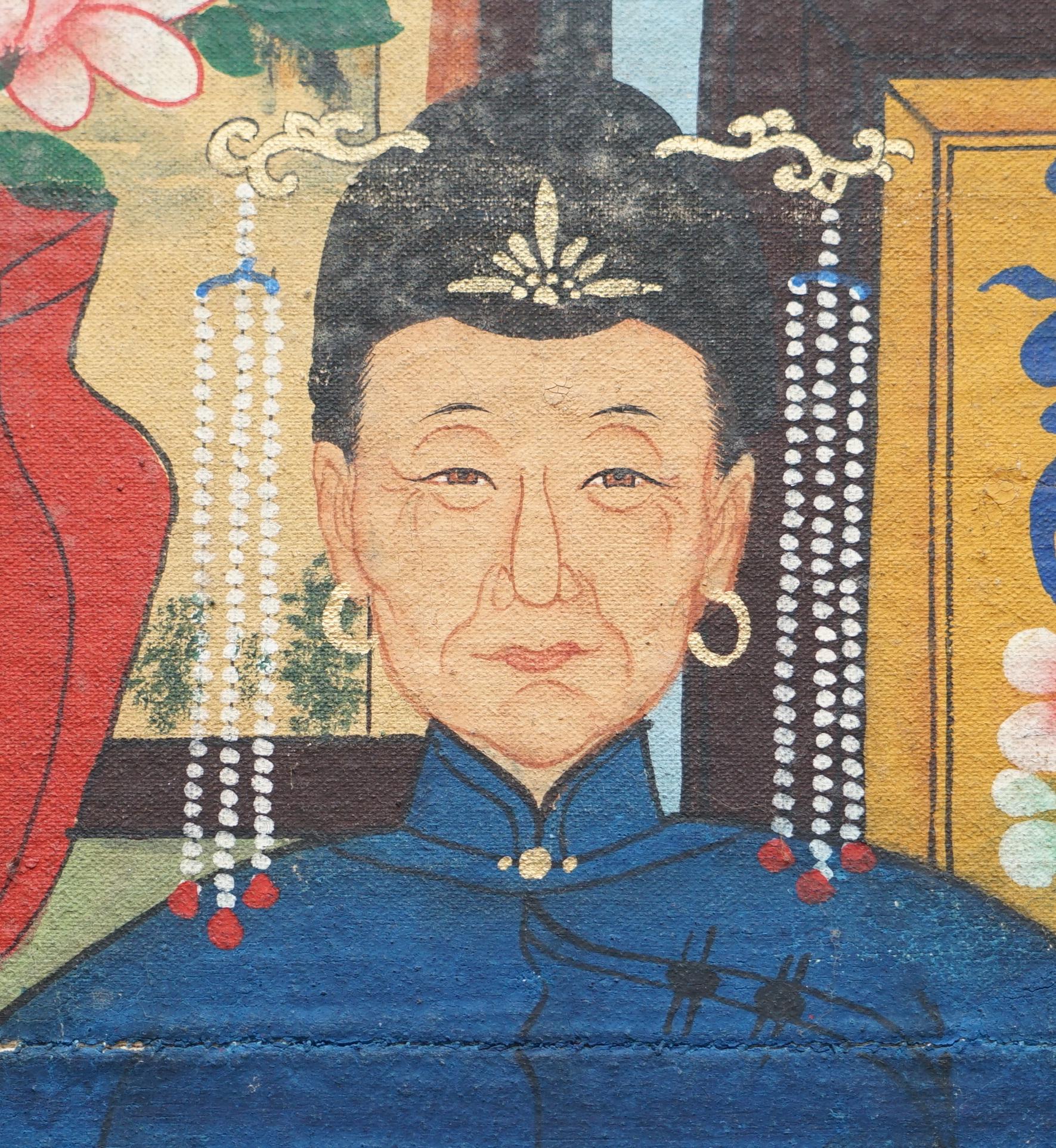 Chinesisches antikes Porträtgemälde, Öl-Schnörkel-Leinwand, Teil der Suite, um 1880 im Angebot 6