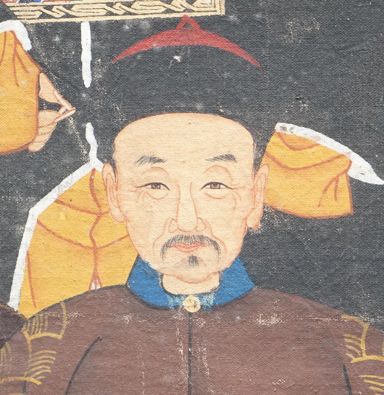 Peinture à l'huile de portraits anciens chinois sur toile à volutes, partie de la suite, vers 1880 en vente 7
