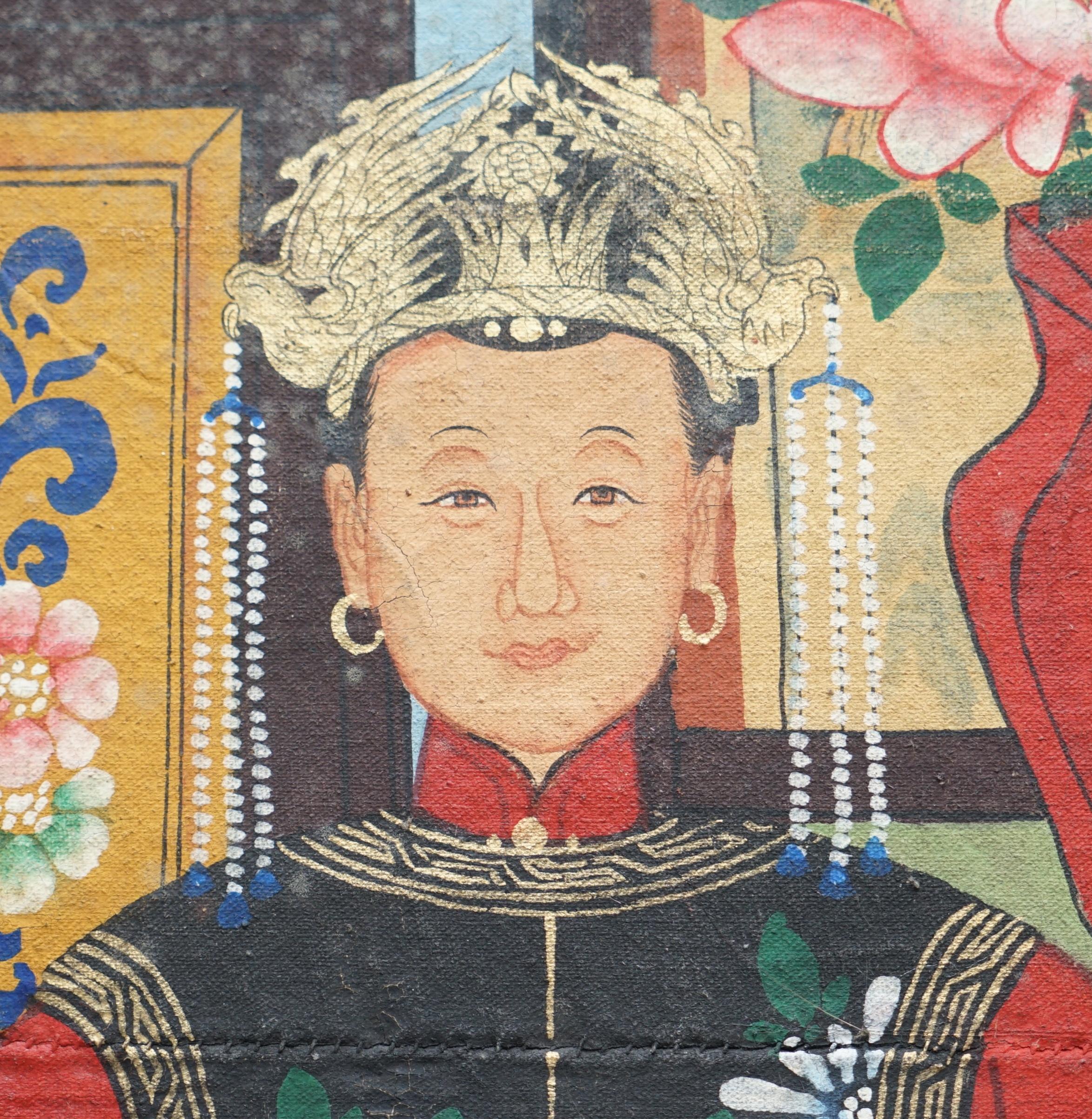 Peinture à l'huile de portraits anciens chinois sur toile à volutes, partie de la suite, vers 1880 en vente 2
