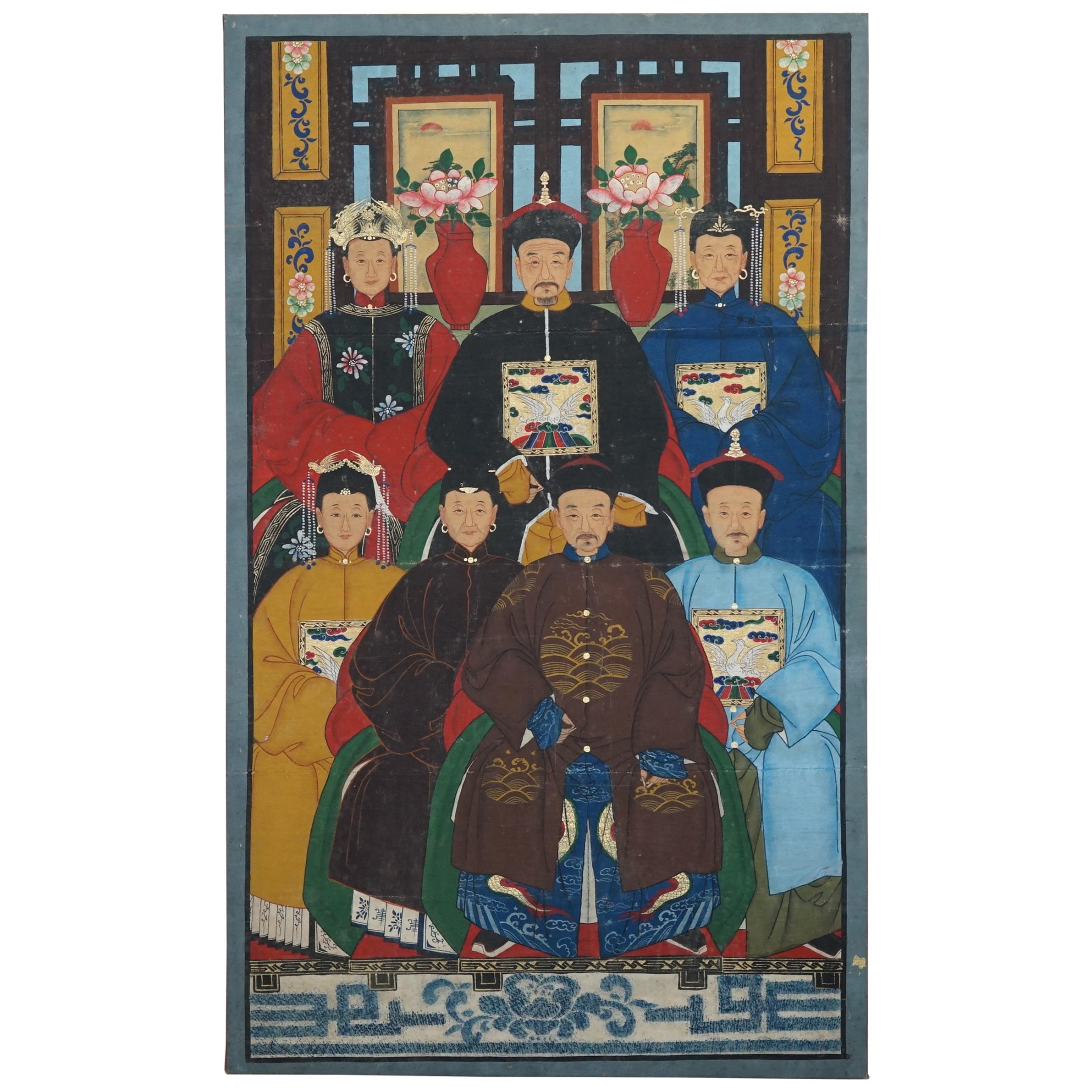 Peinture à l'huile de portraits anciens chinois sur toile à volutes, partie de la suite, vers 1880 en vente