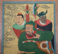 Chinese Ancestral Warrior Portrait Painting Oil Canvas Part of Suite, circa 1880