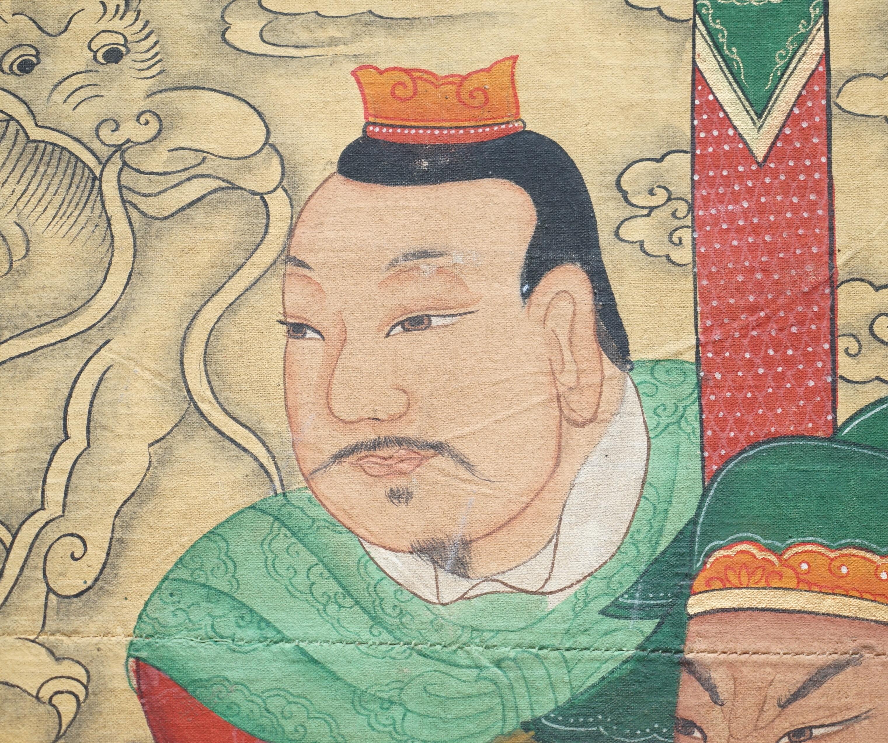 Hand-Painted Chinese Ancestral Warrior Portrait Painting Oil Canvas Part of Suite, circa 1880