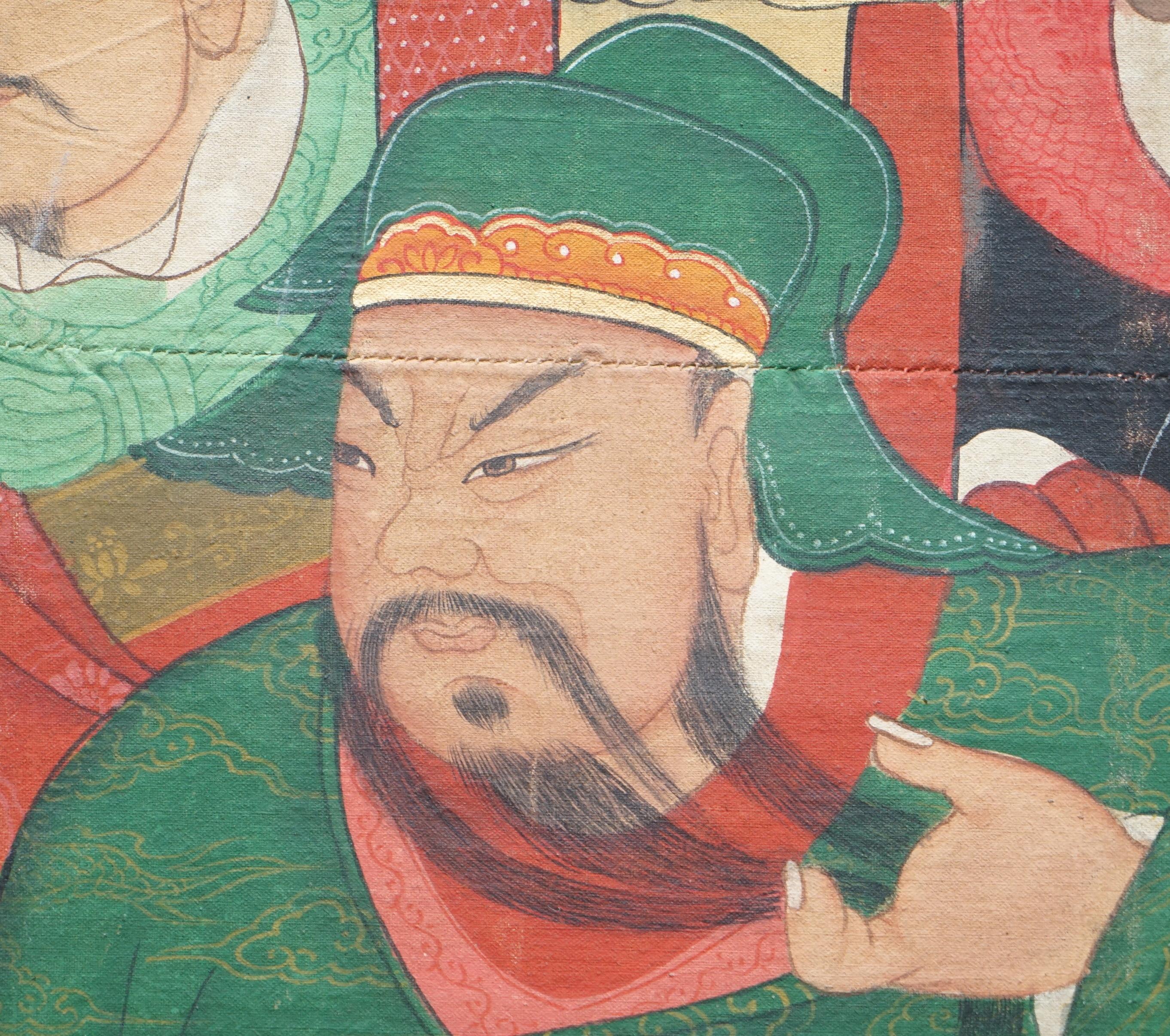 Chinese Ancestral Warrior Portrait Painting Oil Canvas Part of Suite, circa 1880 In Good Condition In West Sussex, Pulborough