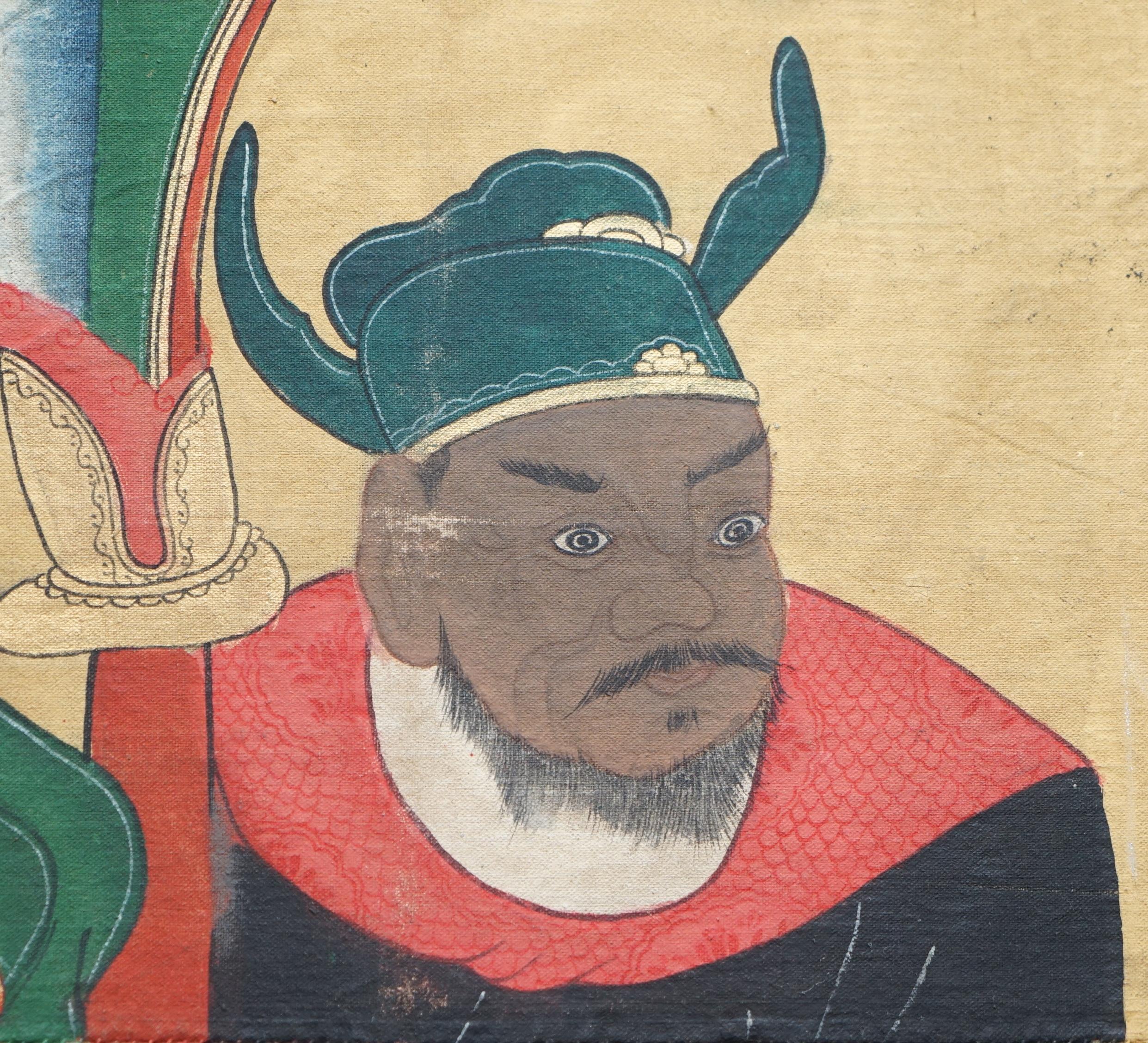 Late 19th Century Chinese Ancestral Warrior Portrait Painting Oil Canvas Part of Suite, circa 1880