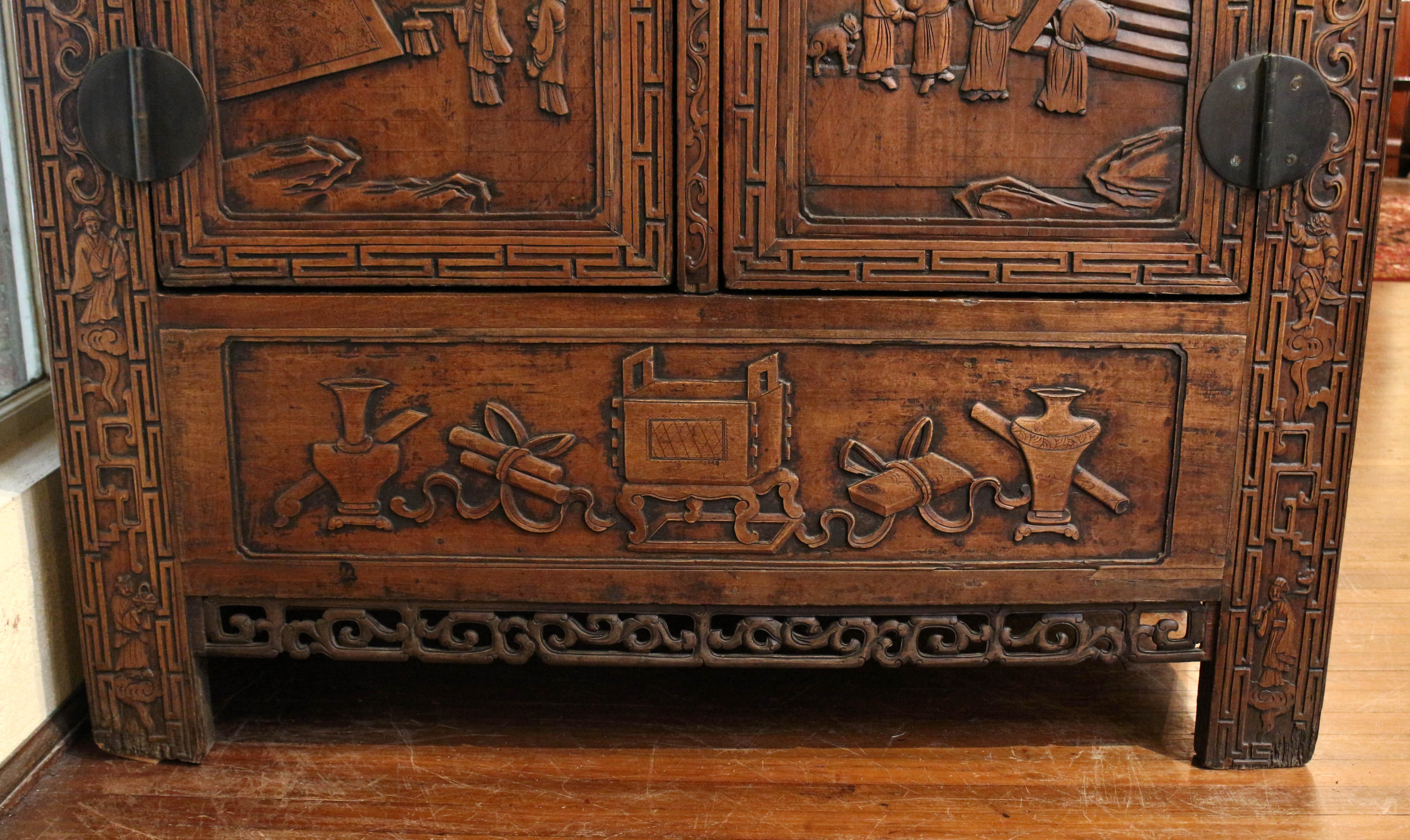 Circa 1880 Chinese Carved Wardrobe Cabinet, Qing Dynasty For Sale 2