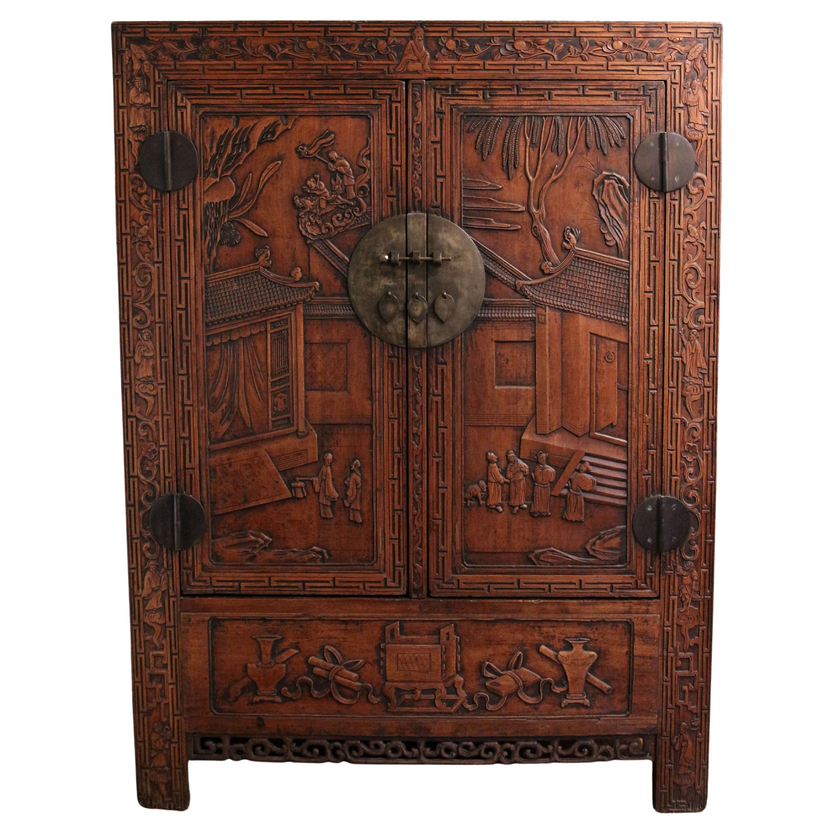 Circa 1880 Chinese Carved Wardrobe Cabinet, Qing Dynasty For Sale