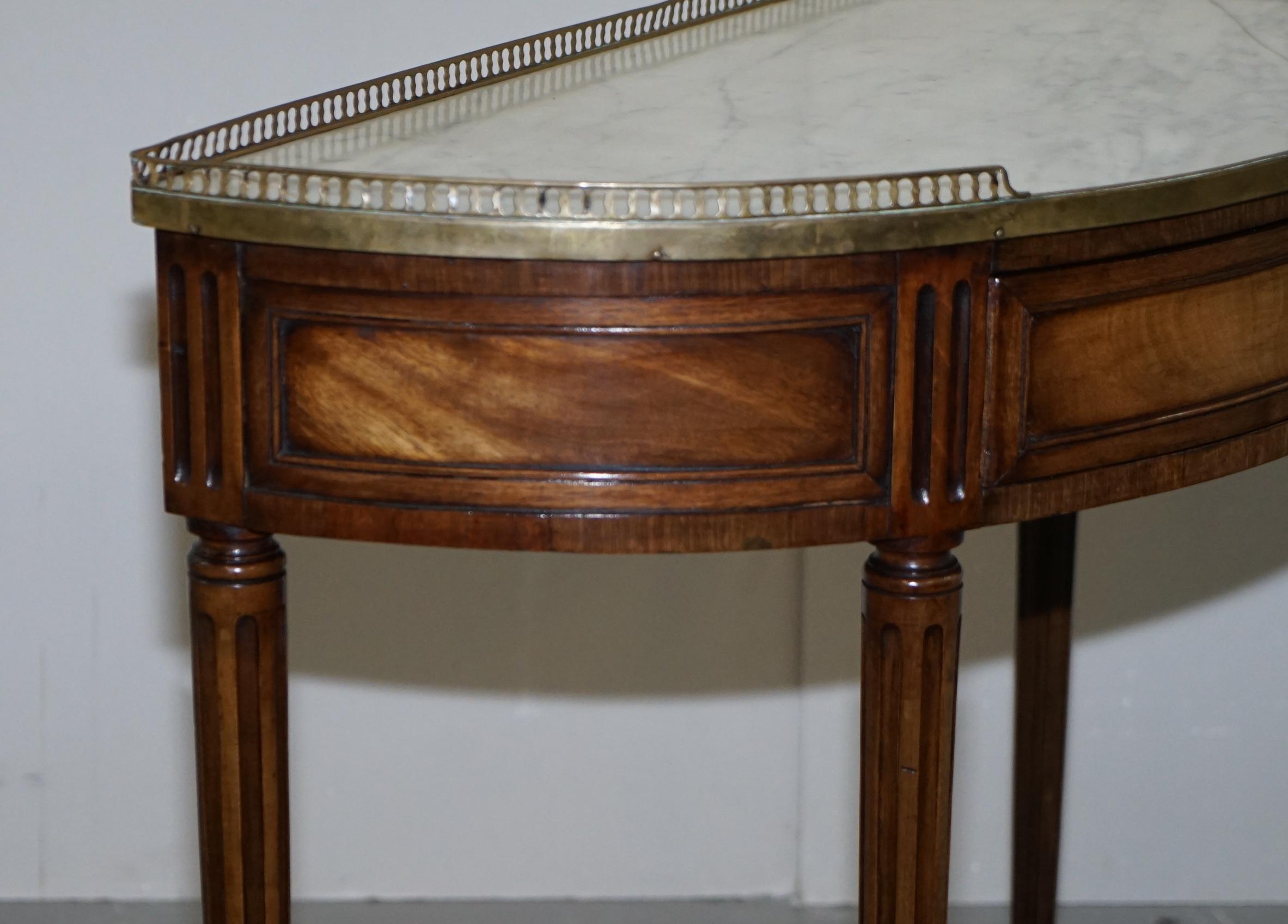 English Antique Walnut Demilune Console Table Marble & Brass Gallery, circa 1880 8