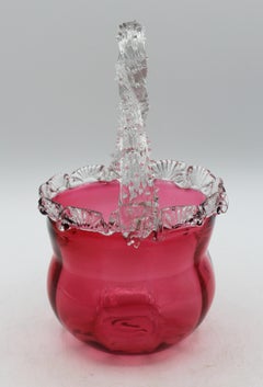 Circa 1880 English Cranberry Glass Bride's Basket With Clear Handle