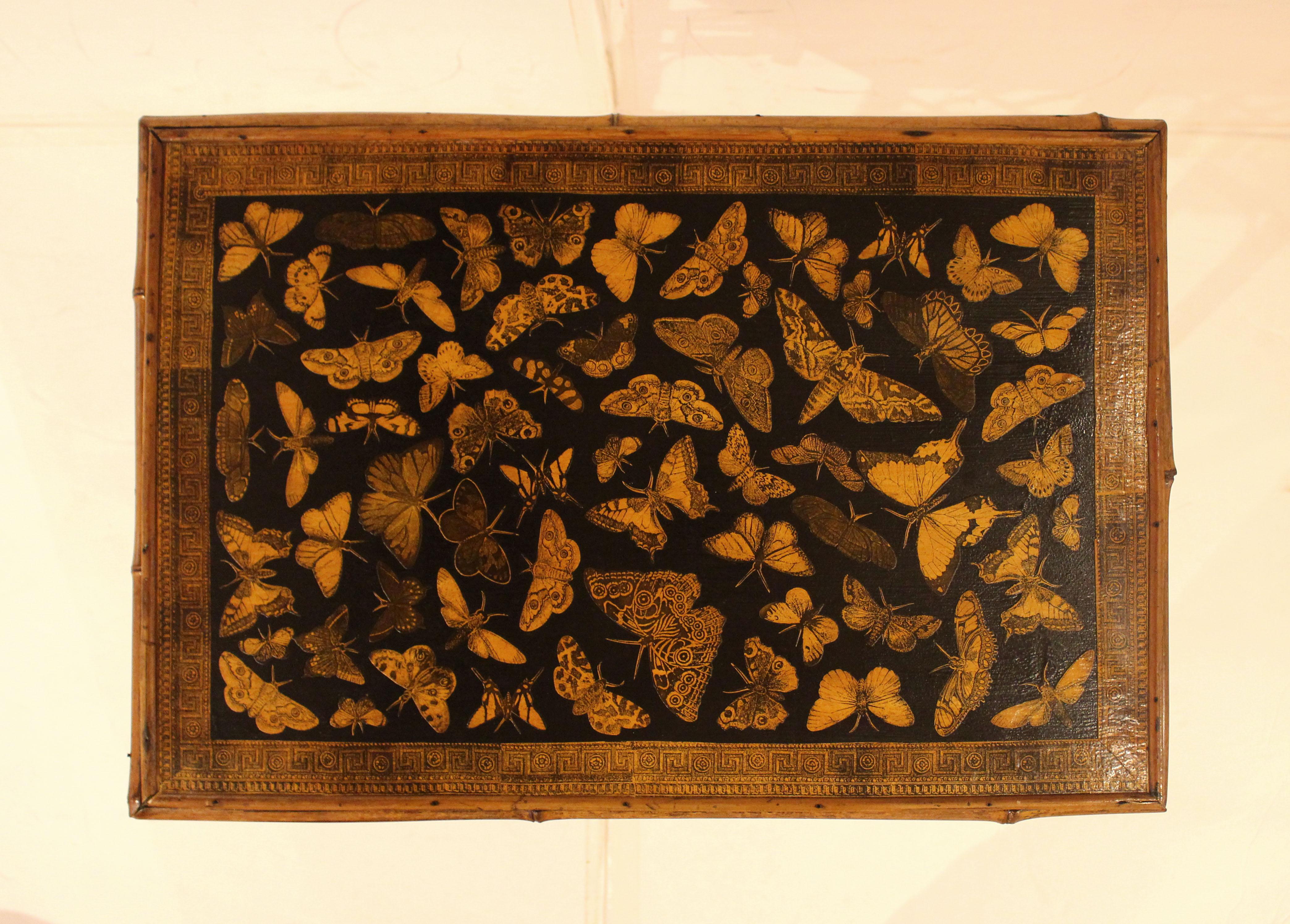 Circa 1880 English Large Bamboo Table Decoupaged With Butterflies In Good Condition In Chapel Hill, NC