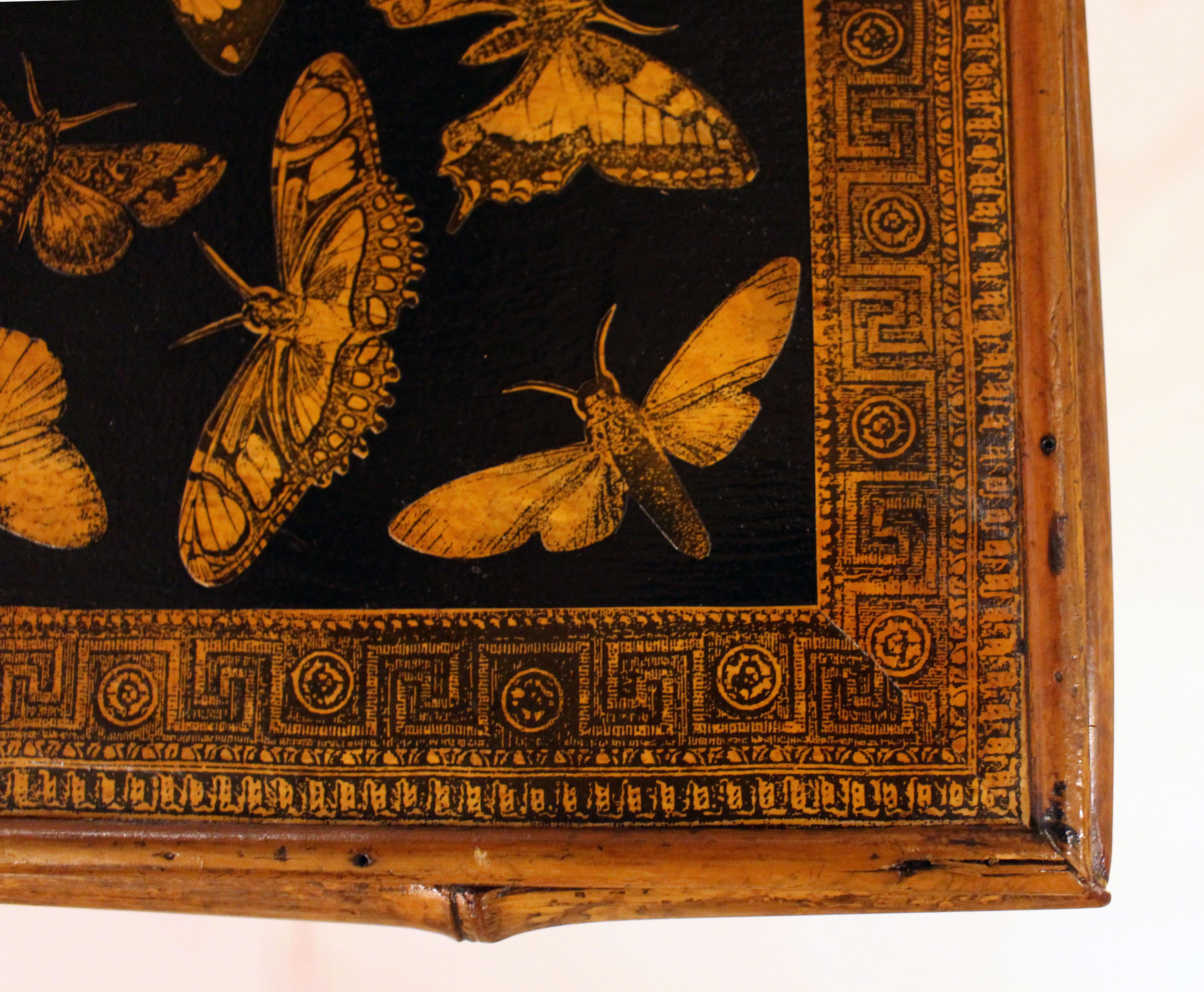 Circa 1880 English Large Bamboo Table Decoupaged With Butterflies 2