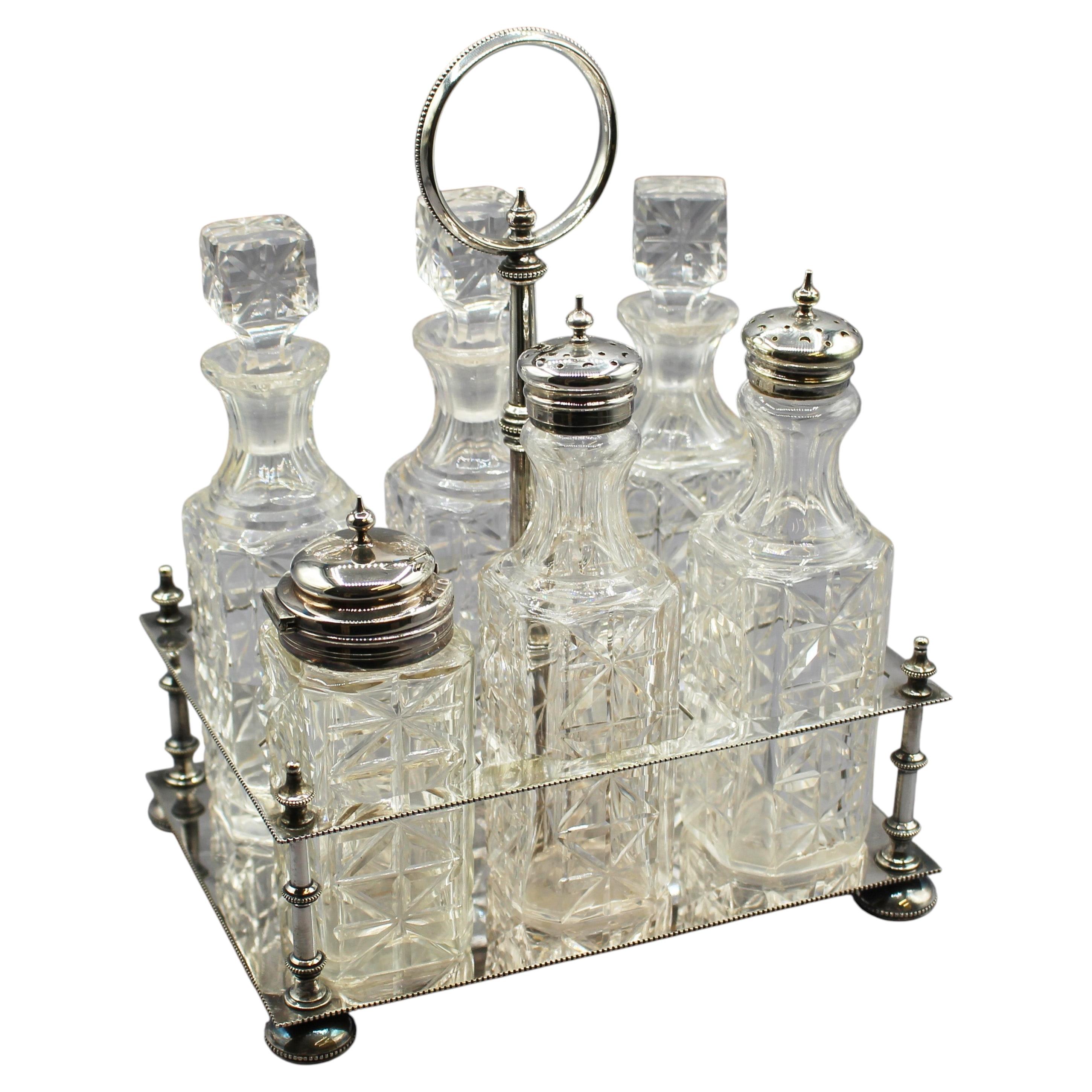 Circa 1880 English Silver Plate & Cut Glass Cruet Set