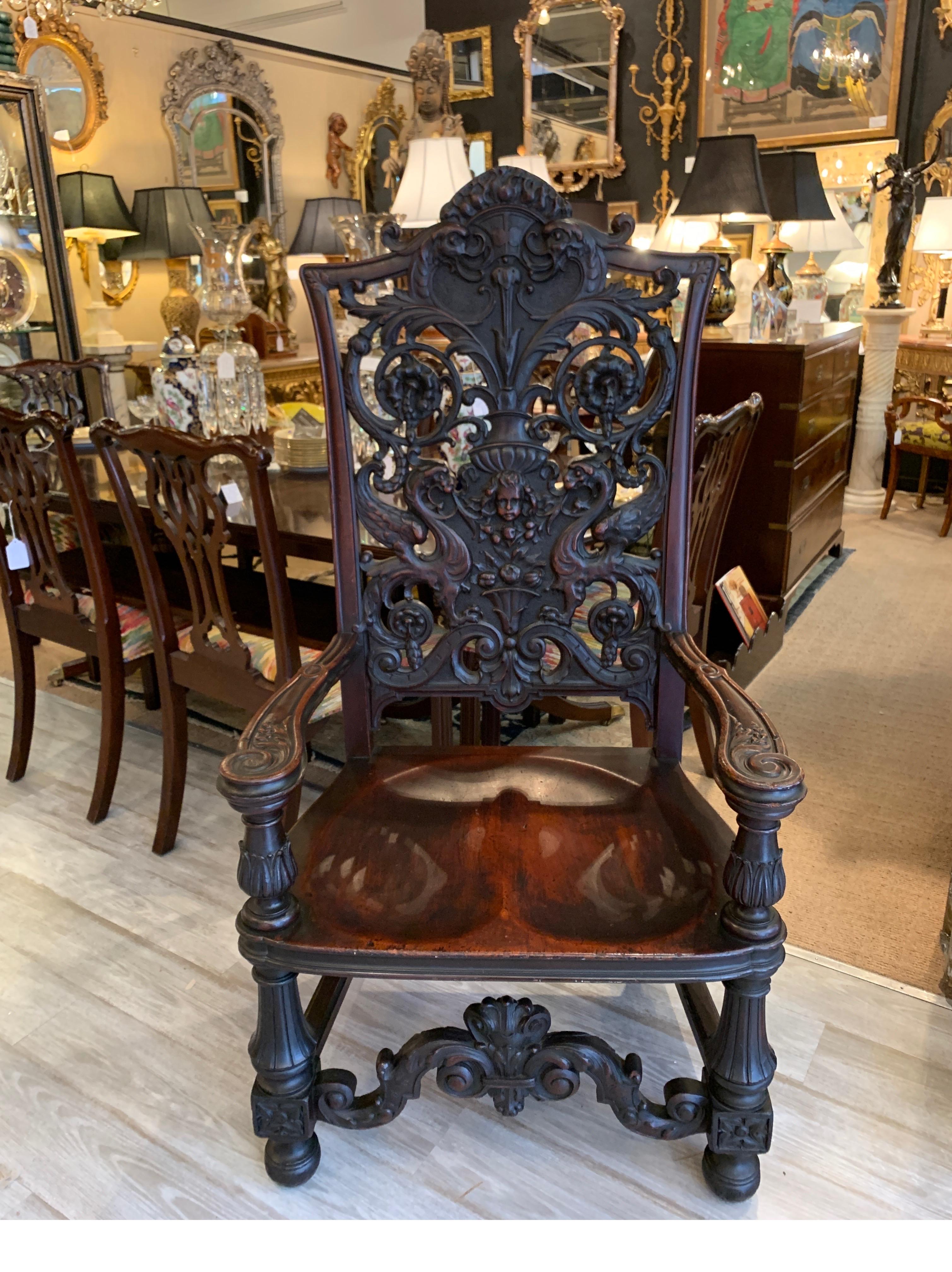Exceptionally Well Carved Mahogany Chair with Floral Design, Cherub, circa 1880 2
