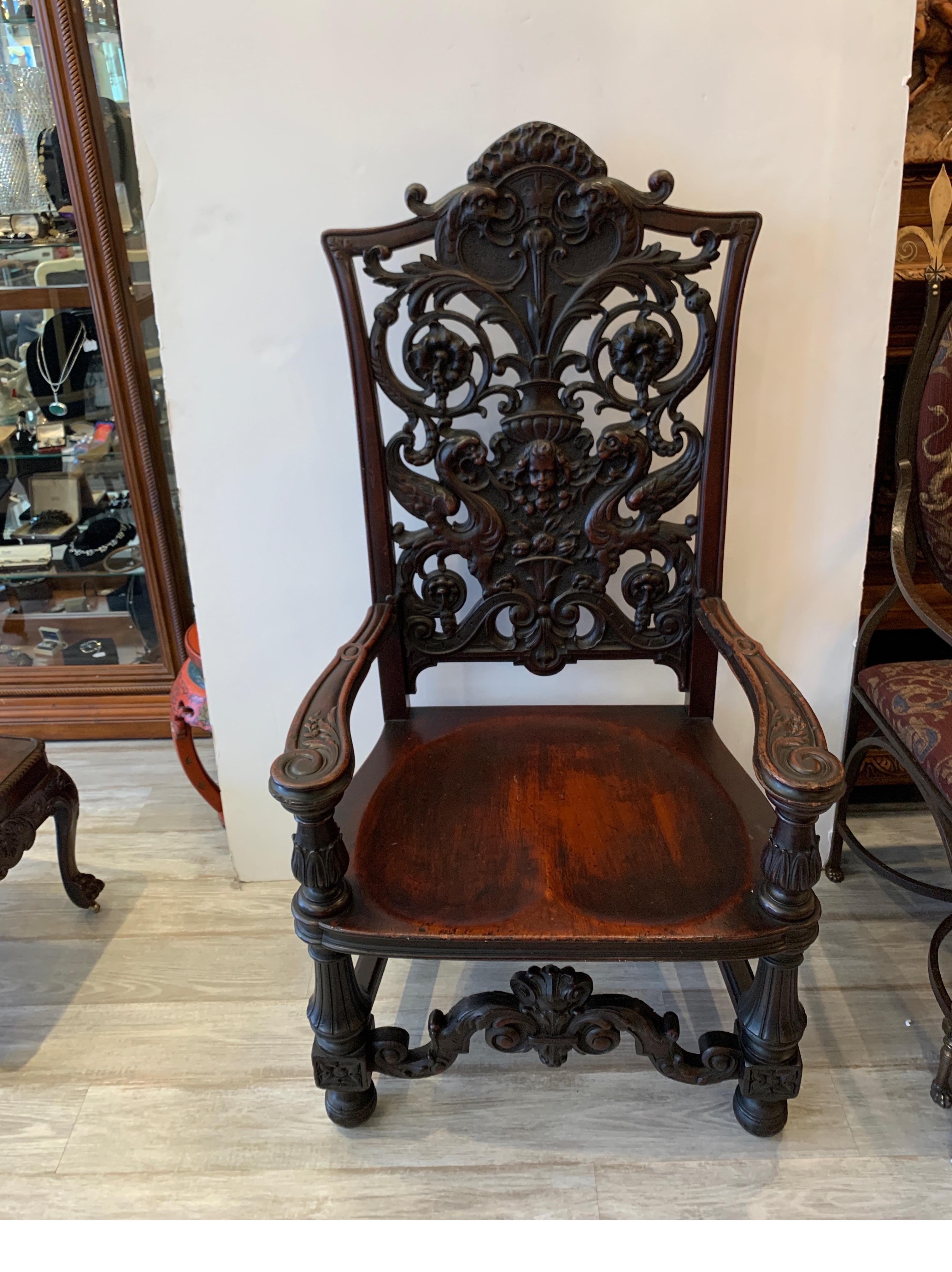 Exceptionally Well Carved Mahogany Chair with Floral Design, Cherub, circa 1880 For Sale 1