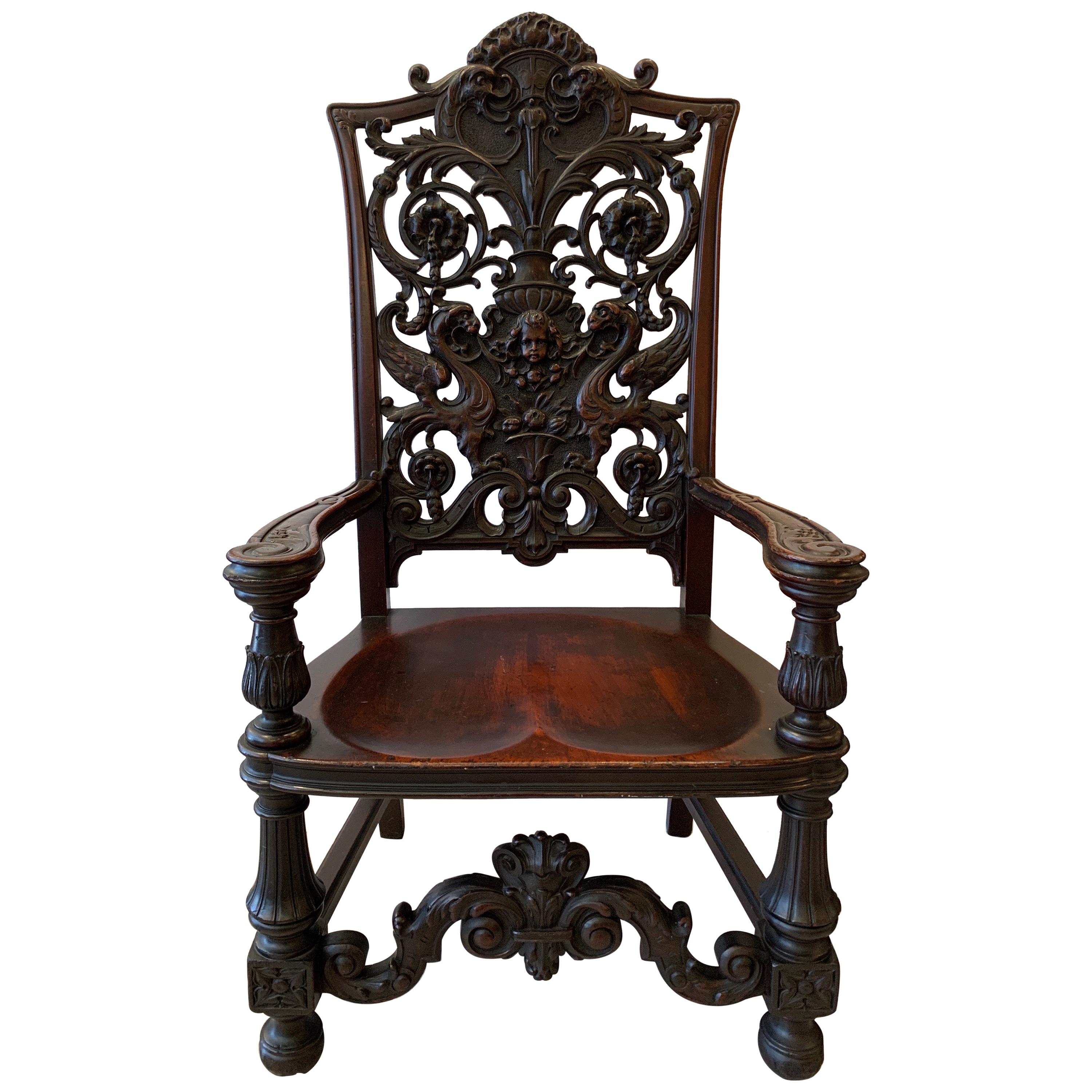 Exceptionally Well Carved Mahogany Chair with Floral Design, Cherub, circa 1880 For Sale