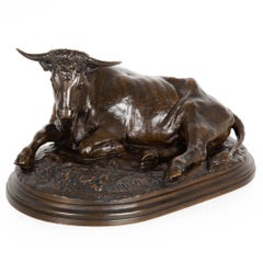 Scultura in bronzo antico francese del 1880 circa "Toro che riposa" di Rosa Bonheur