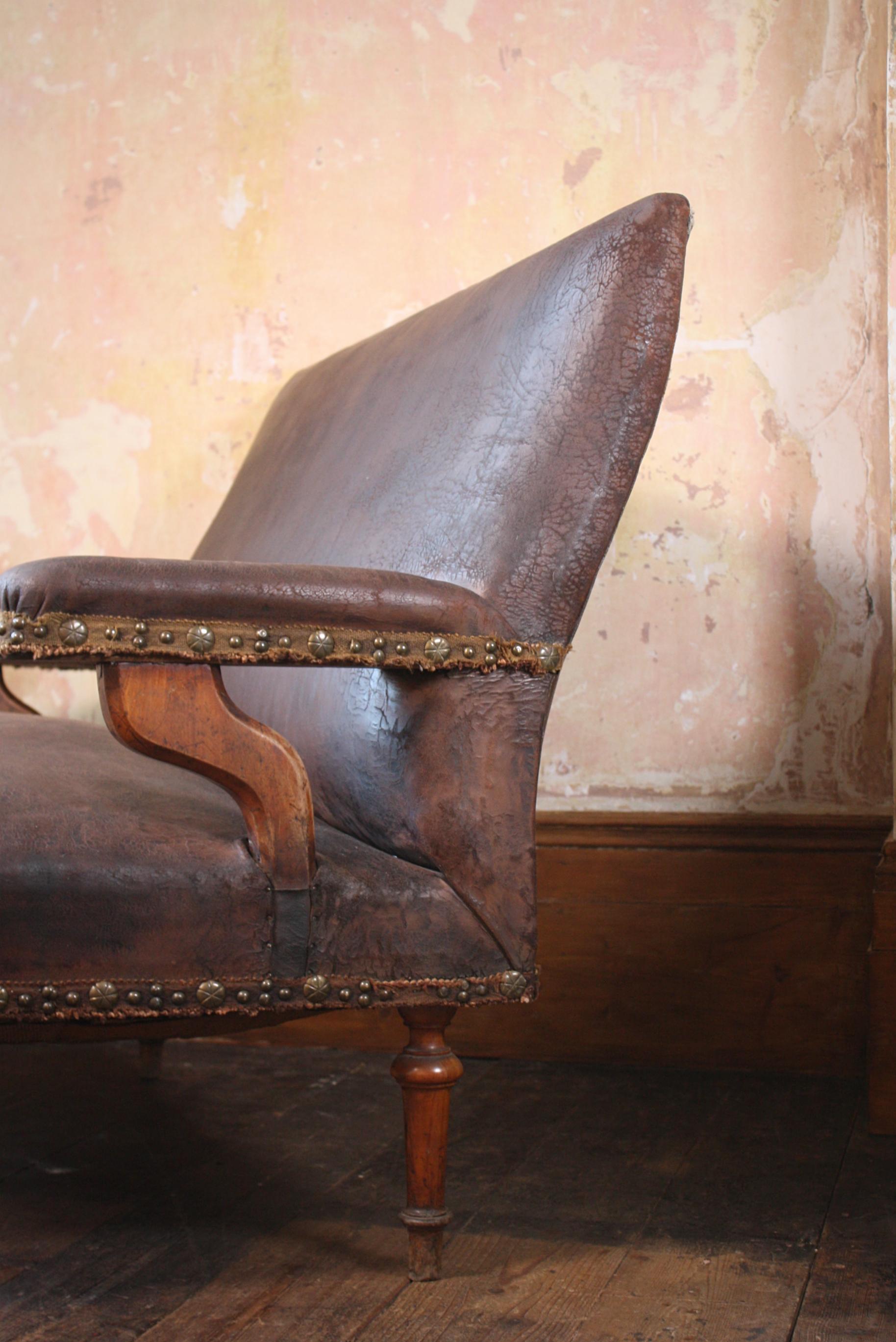 Circa 1880 French Oak & Leather Hall Settle Sofa 12