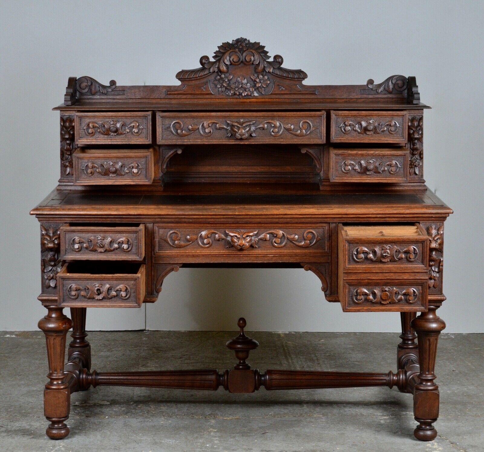 circa 1880 George III Style Carved Solid Oak Chest, Green Man Writing Desk  For Sale 4