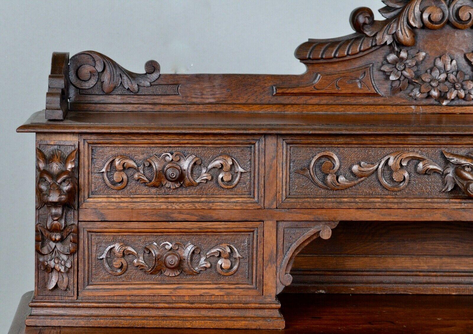 English circa 1880 George III Style Carved Solid Oak Chest, Green Man Writing Desk  For Sale