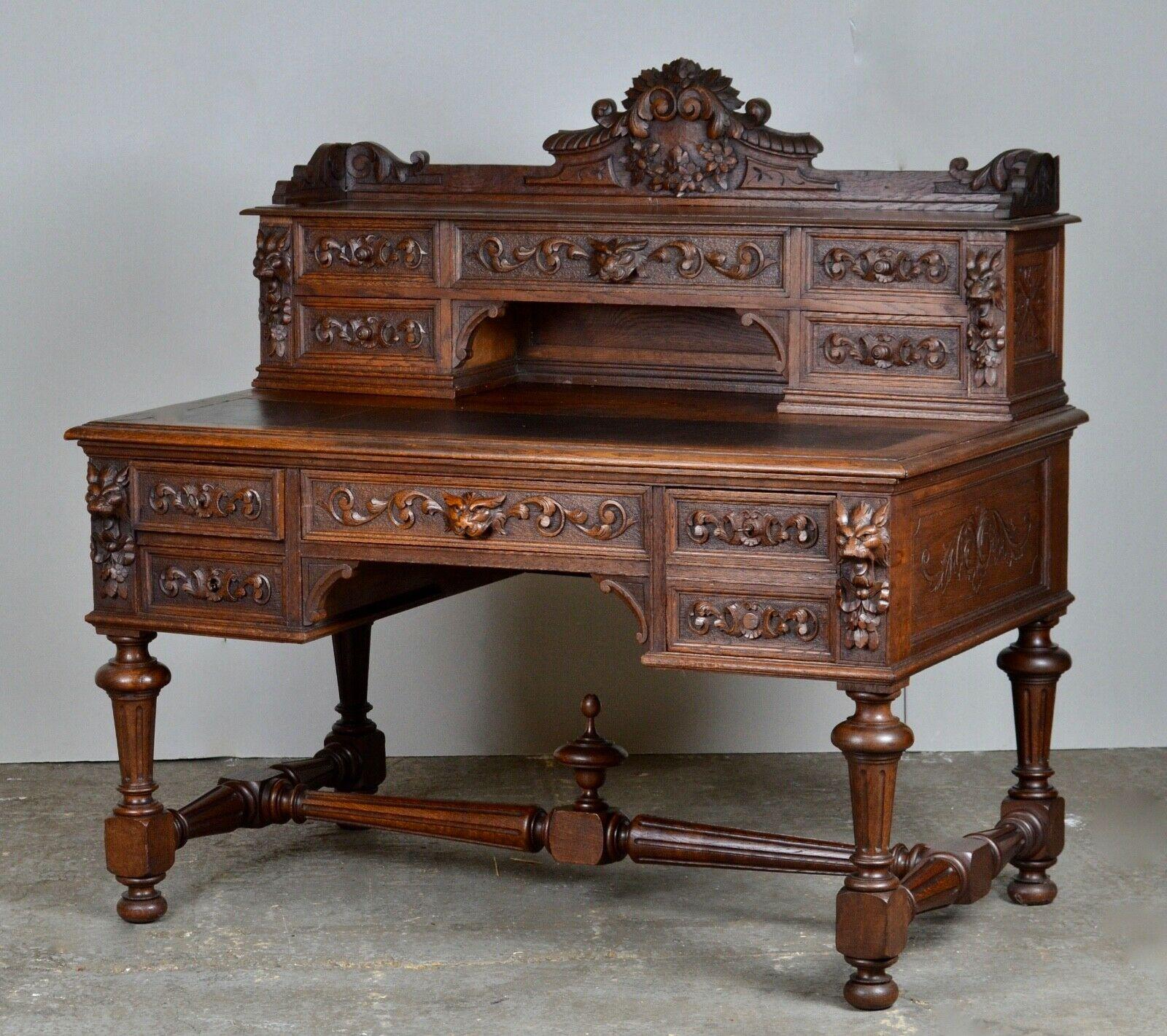 circa 1880 George III Style Carved Solid Oak Chest, Green Man Writing Desk  For Sale 1