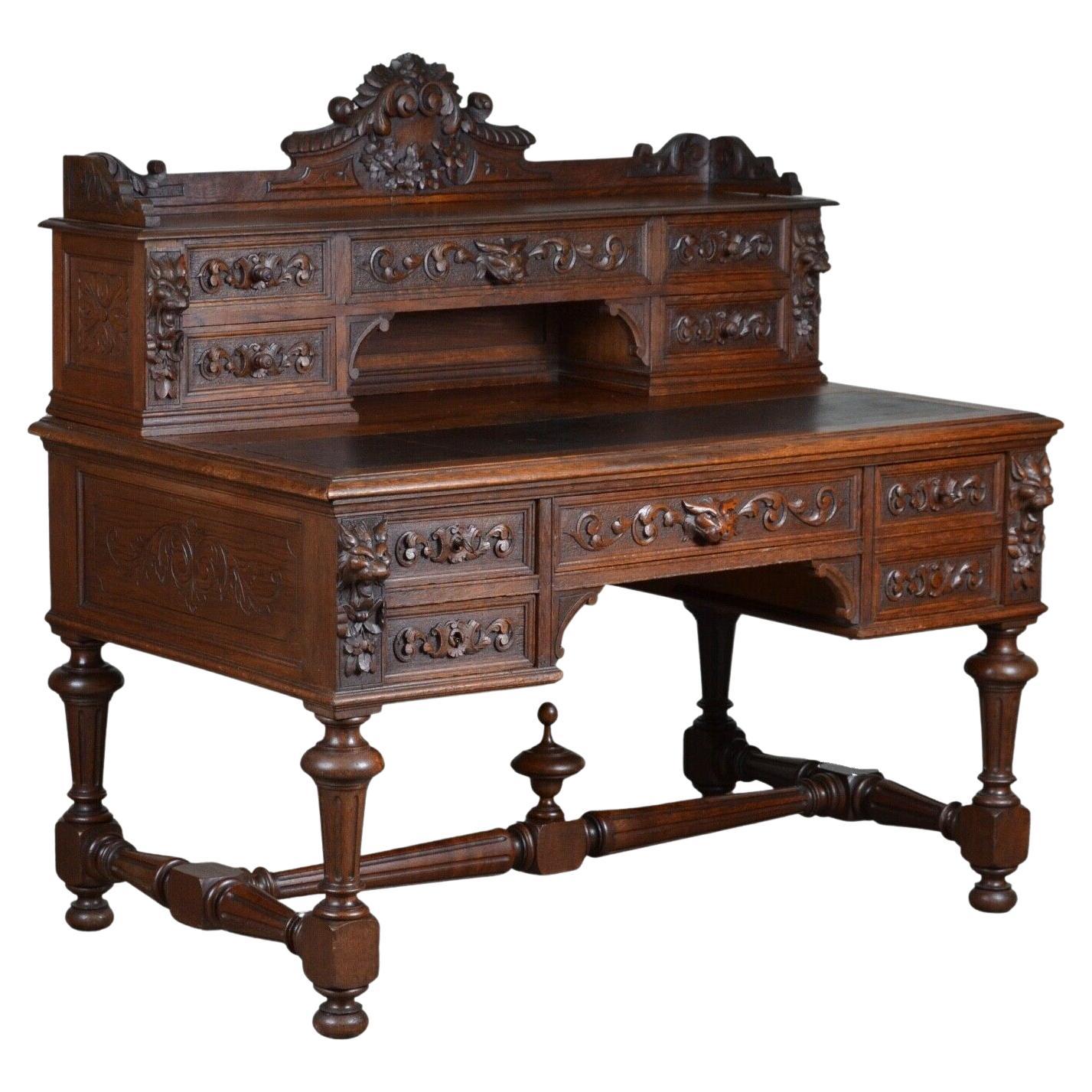 circa 1880 George III Style Carved Solid Oak Chest, Green Man Writing Desk  For Sale