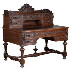 circa 1880 George III Style Carved Solid Oak Chest, Green Man Writing Desk 