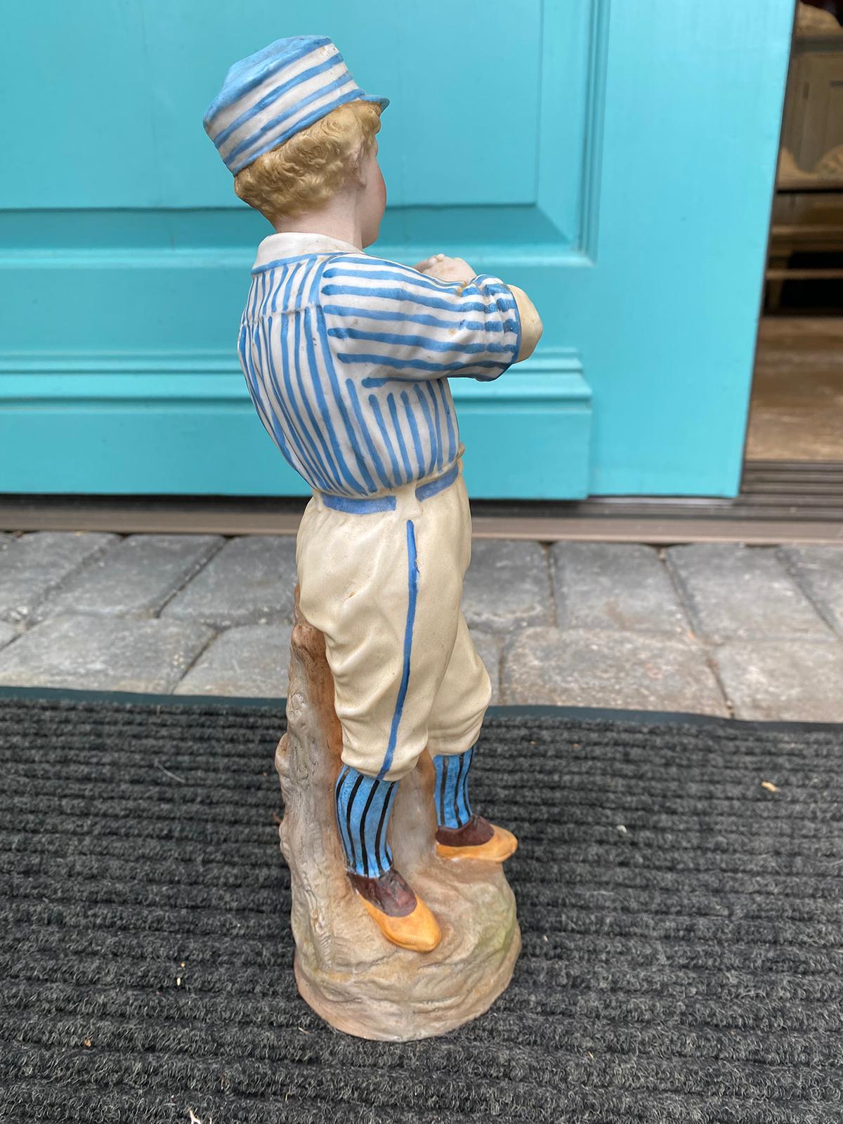 Circa 1880 German Bisque Heubach Rare Cricket Baseball Figurine, Unmarked In Good Condition For Sale In Atlanta, GA