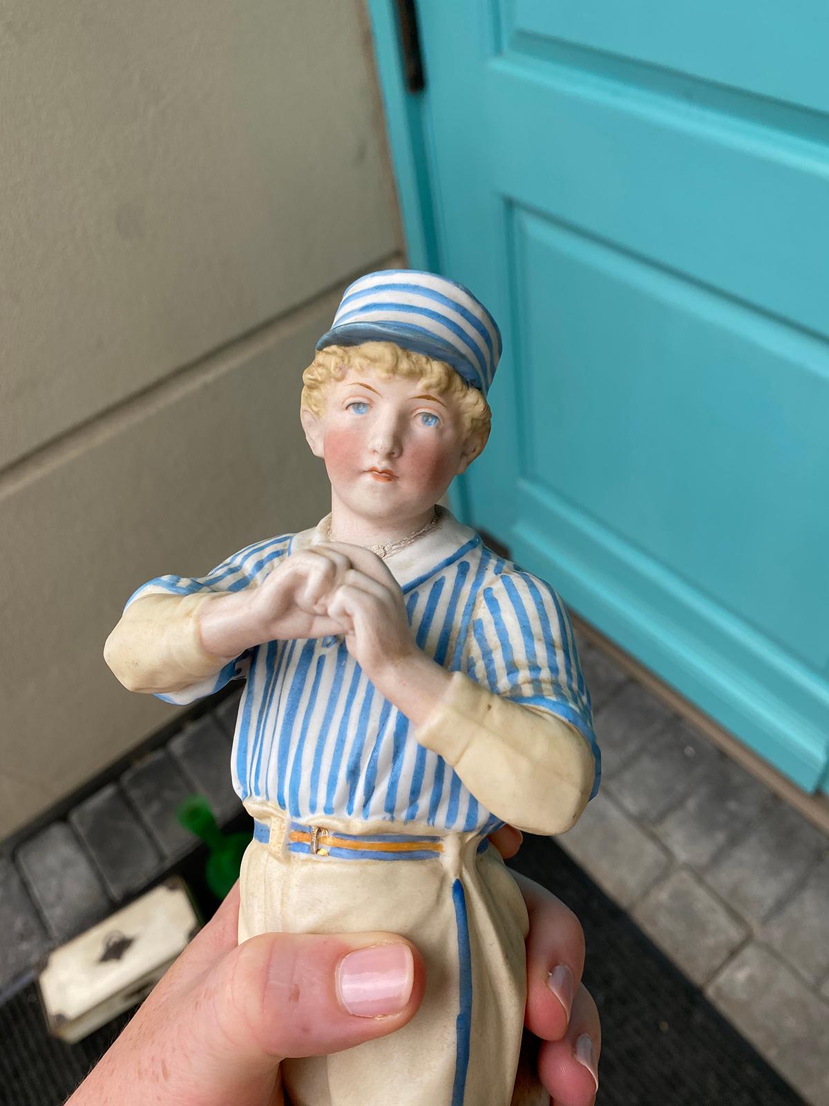 Ceramic Circa 1880 German Bisque Heubach Rare Cricket Baseball Figurine, Unmarked For Sale