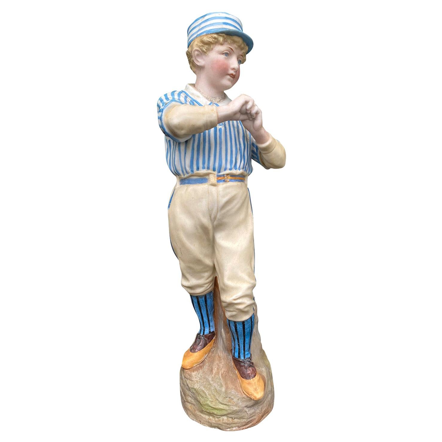 Circa 1880 German Bisque Heubach Rare Cricket Baseball Figurine, Unmarked For Sale