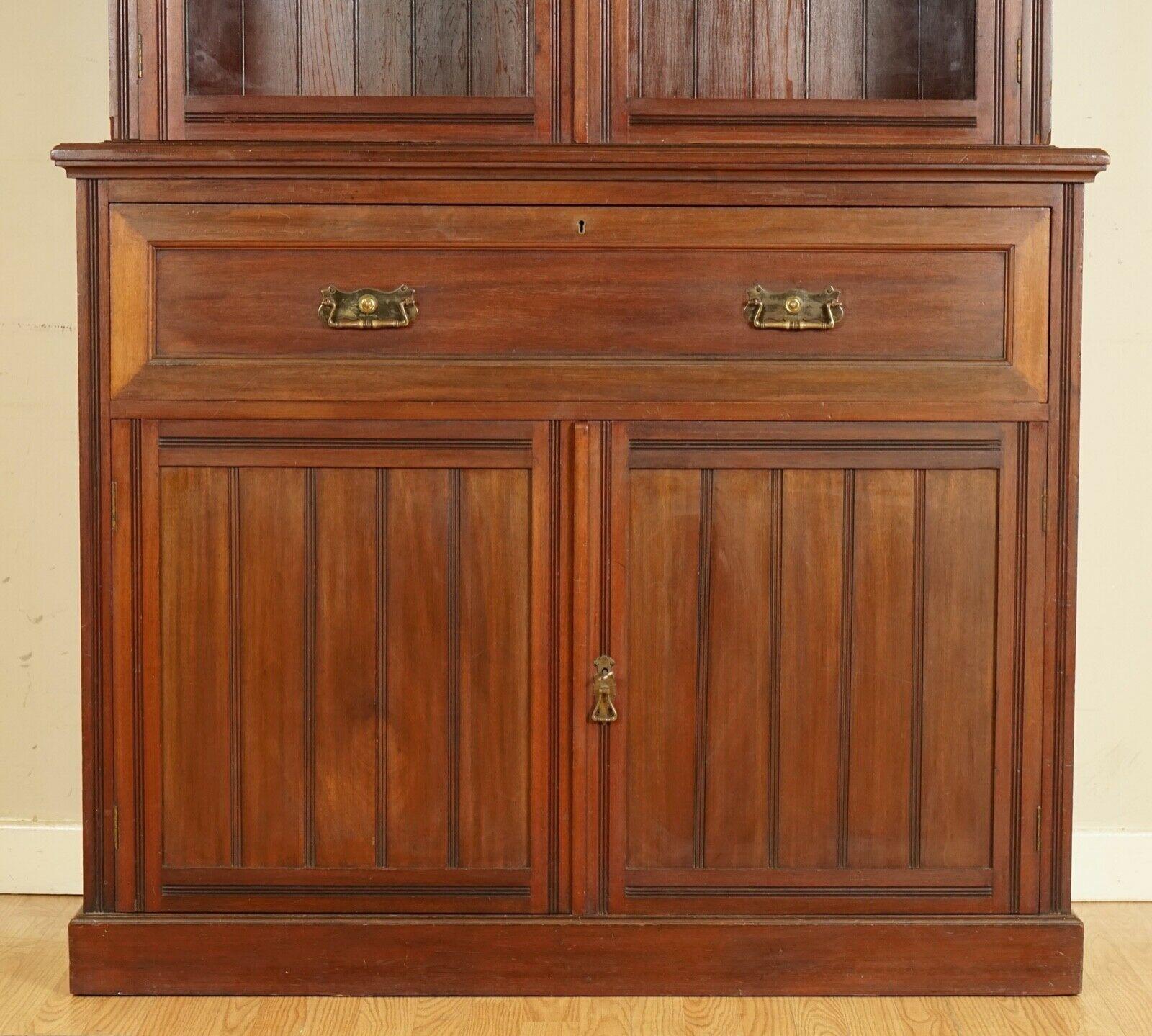 Hand-Crafted circa 1880 Hardwood Library Bookcase Secretaire Desk Dark Blue Leather Surface