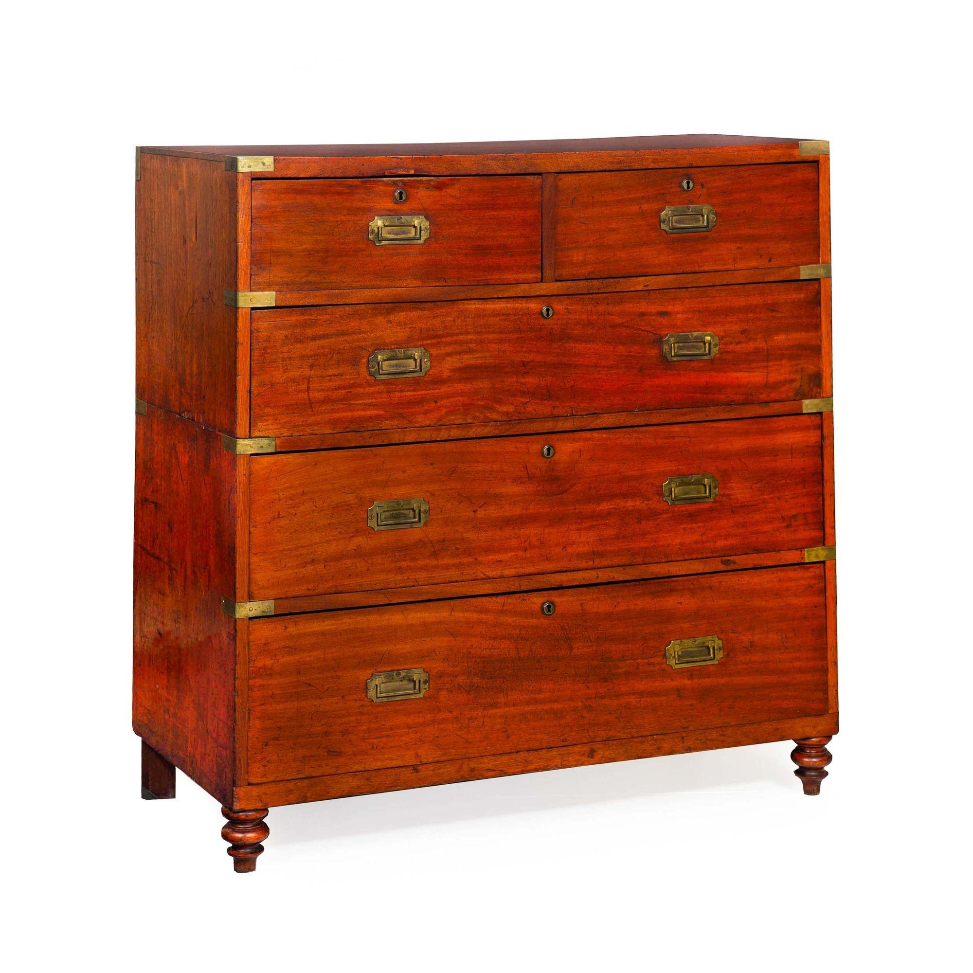 IRISH BRASS-BOUND MAHOGANY CAMPAIGN CHEST
Dublin, circa mid-19th century  top left drawer with original maker's stamp for Ross & Co of Dublin
Item # 404BHP26Z

A very nice military campaign chest of drawers in two parts by the Dublin maker Ross &