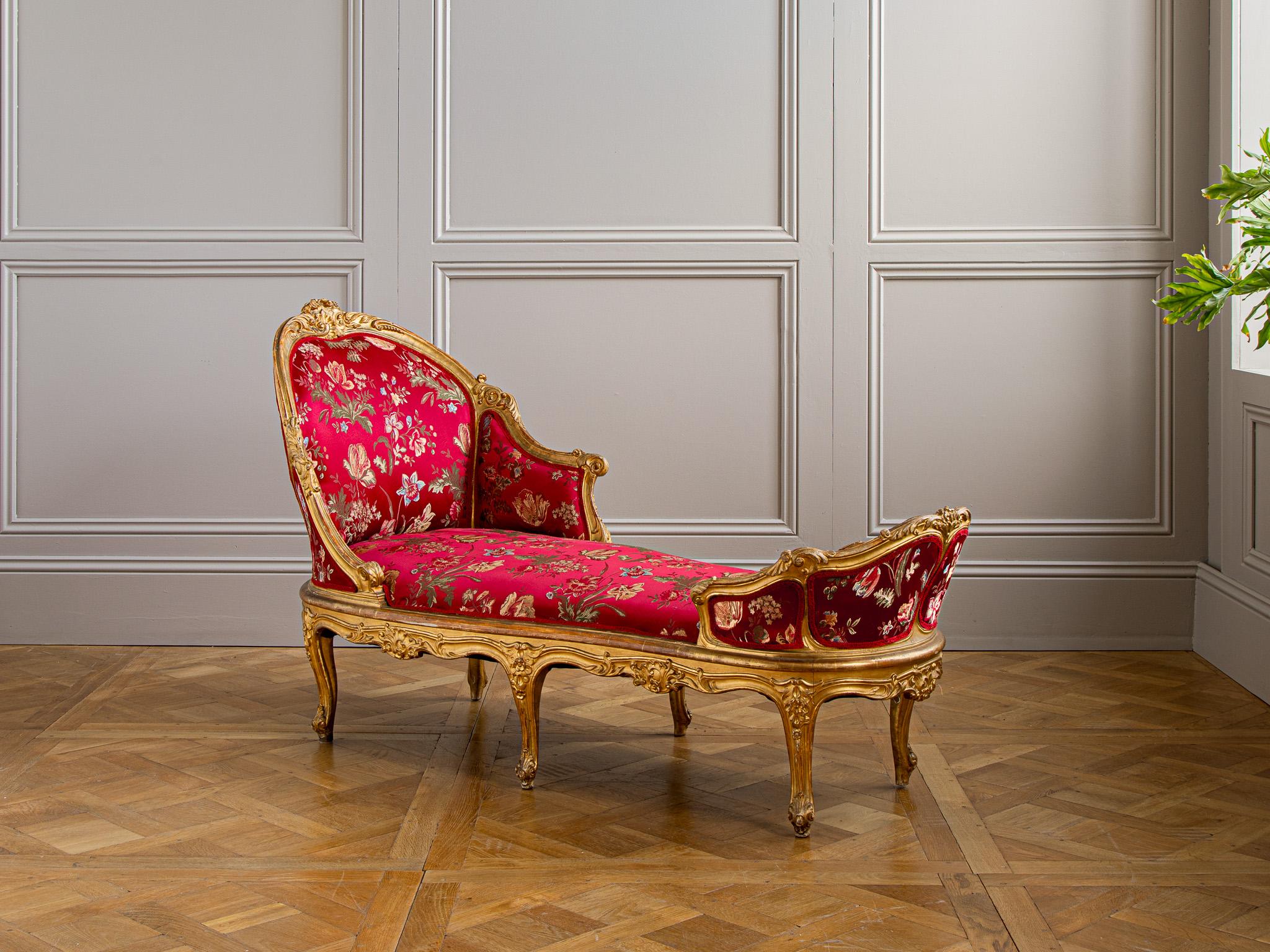 19th Century Circa 1880 Italian Giltwood LXV Style Chaise Longue For Sale