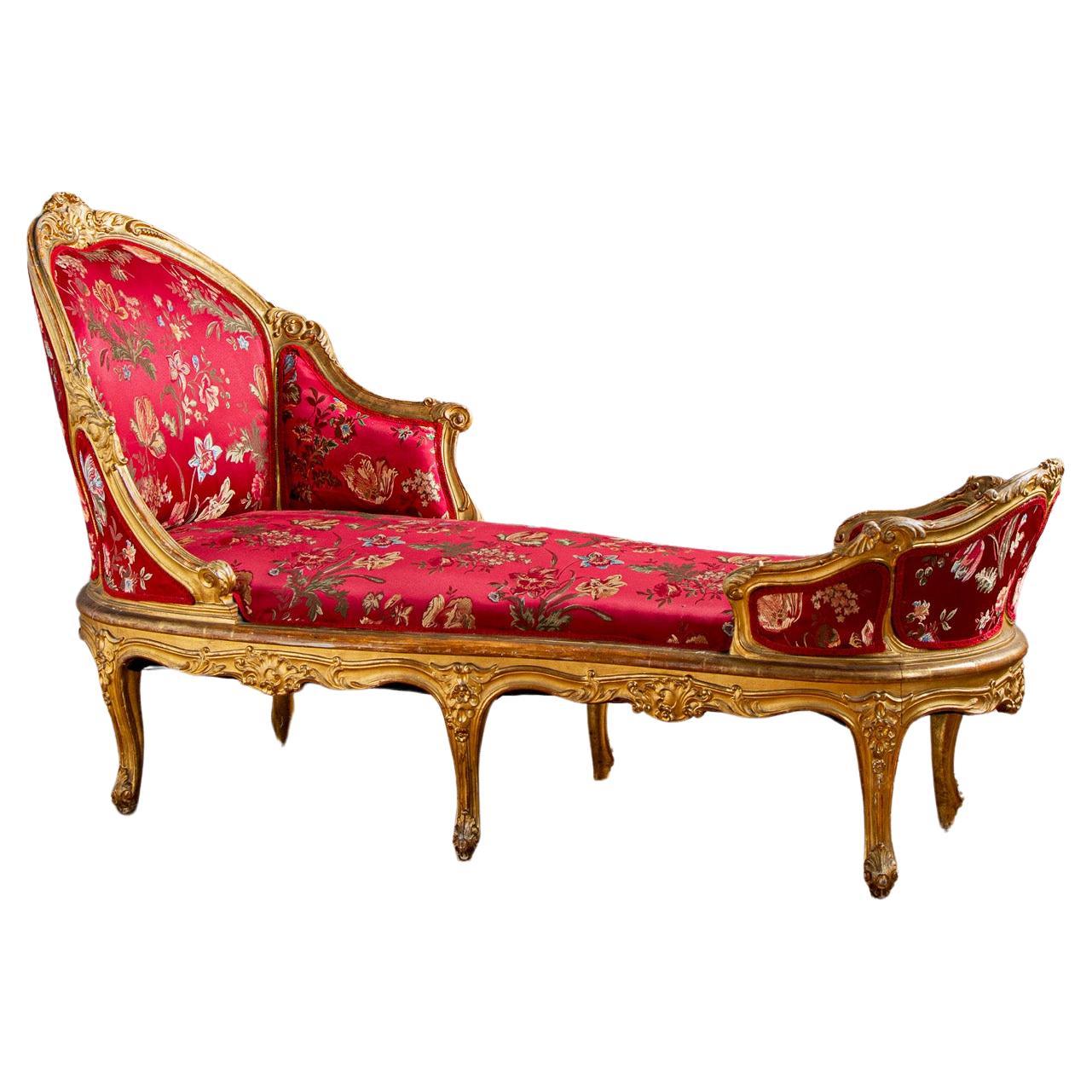 Circa 1880 Italian Giltwood LXV Style Chaise Longue For Sale