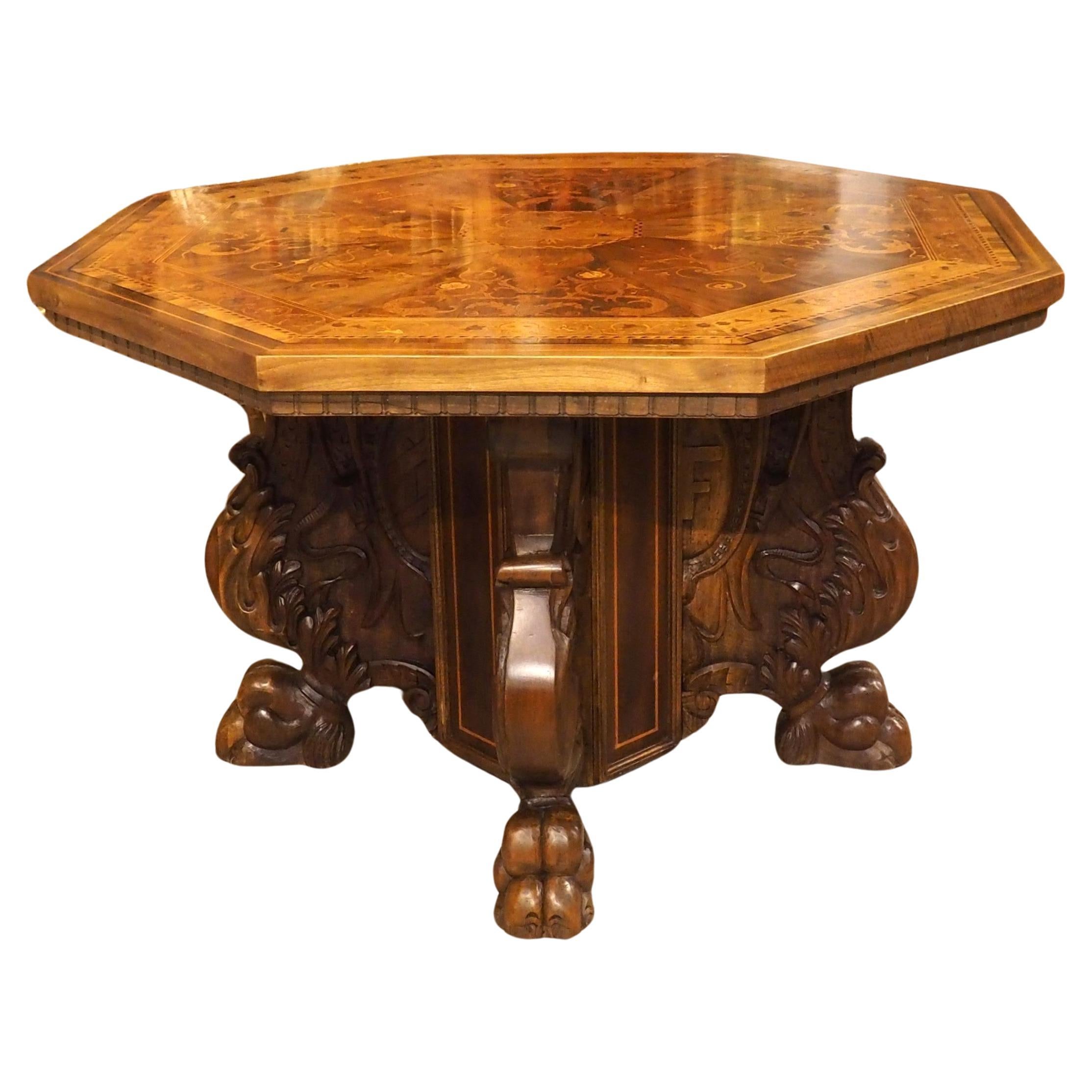 Circa 1880 Italian Walnut and Maple Renaissance Style Center Table, Todi, Umbria