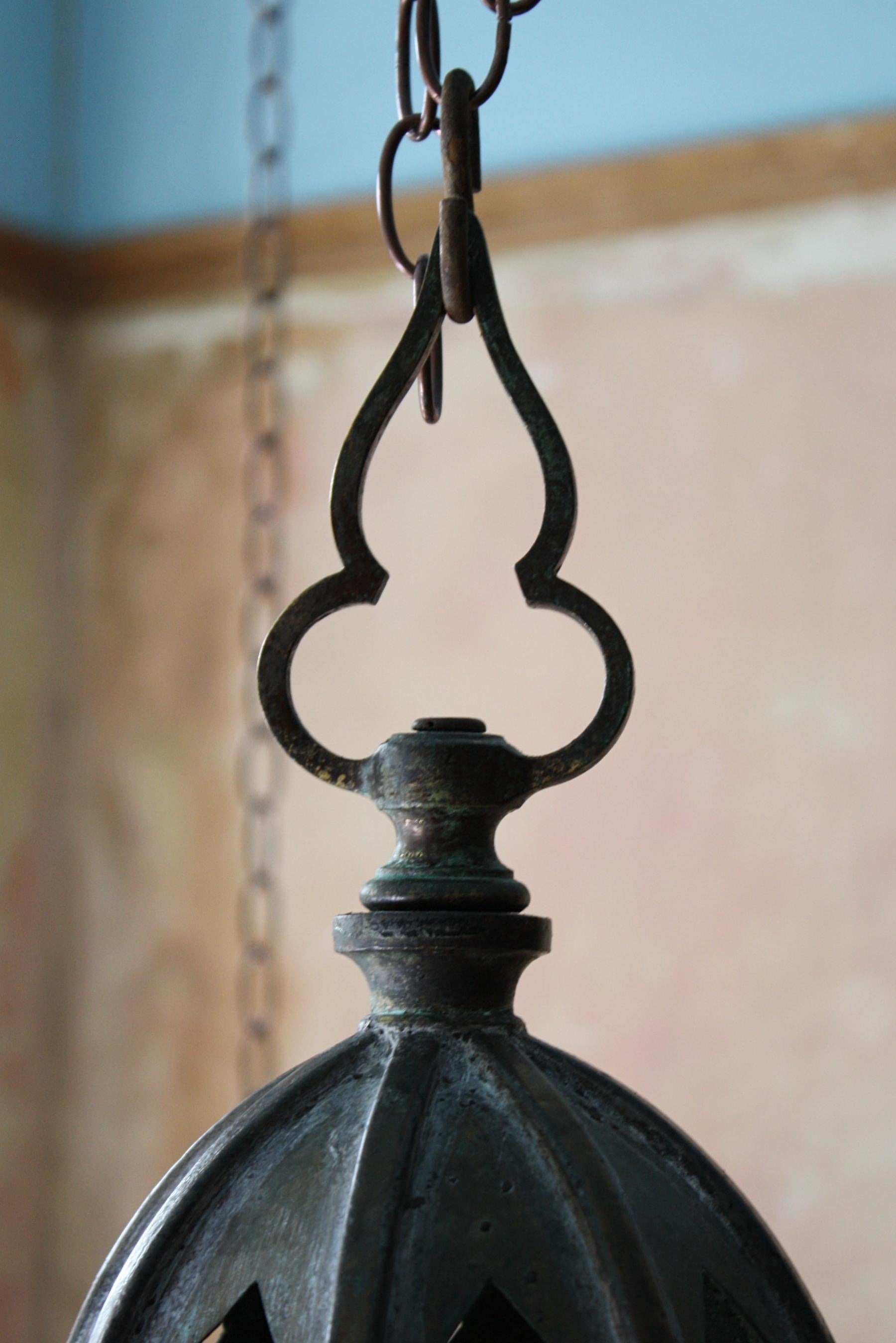 Circa 1880 Late Victorian Pair of Huge Gothic Verdigris Lanterns Copper & Iron 6